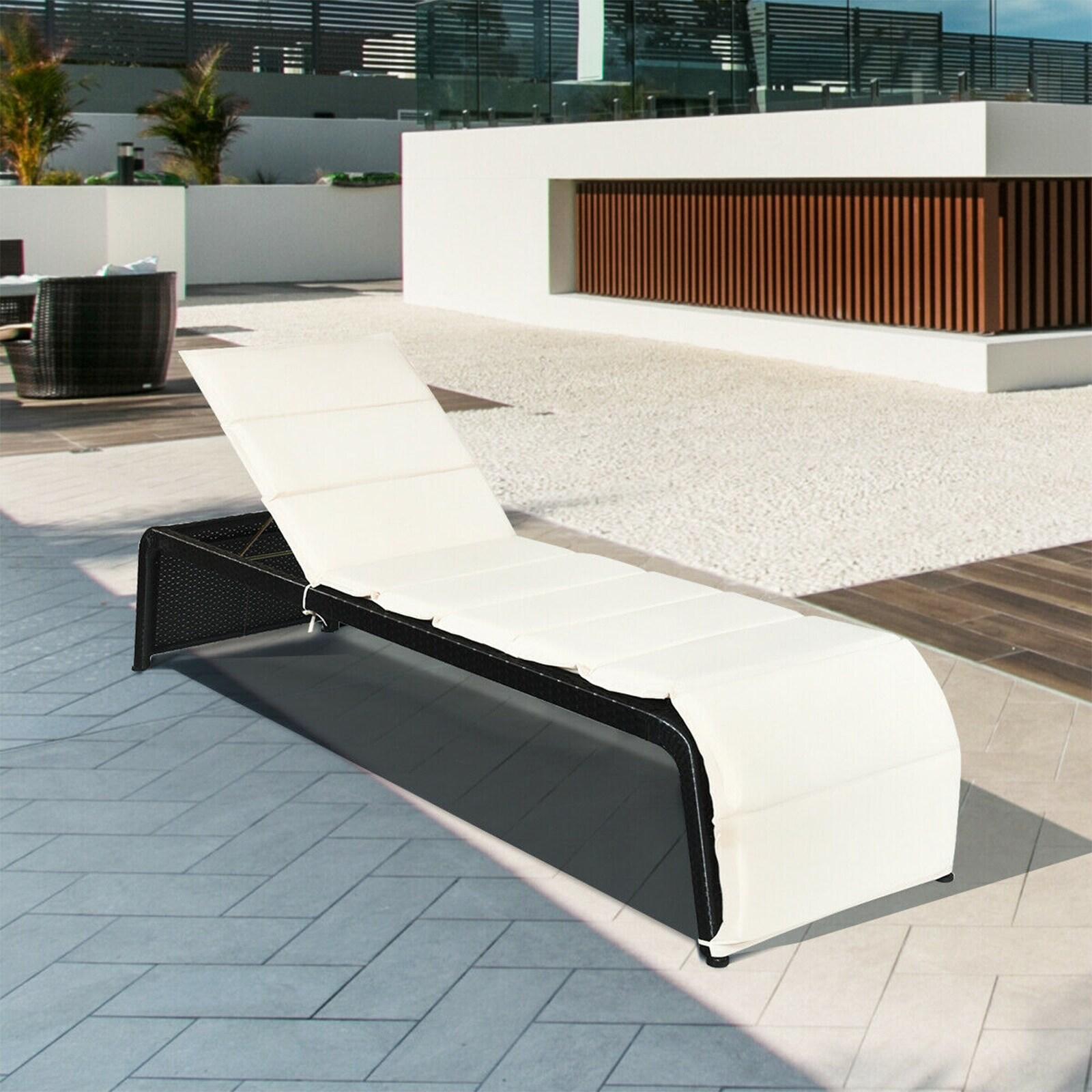 GVN Outdoor Chaise Lounge Rattan Patio Lounge Chair Back Adjustable Chaise Recliner, Outdoor Lounge Recliner Chair with Cushioned for Pool Backyard Beach White