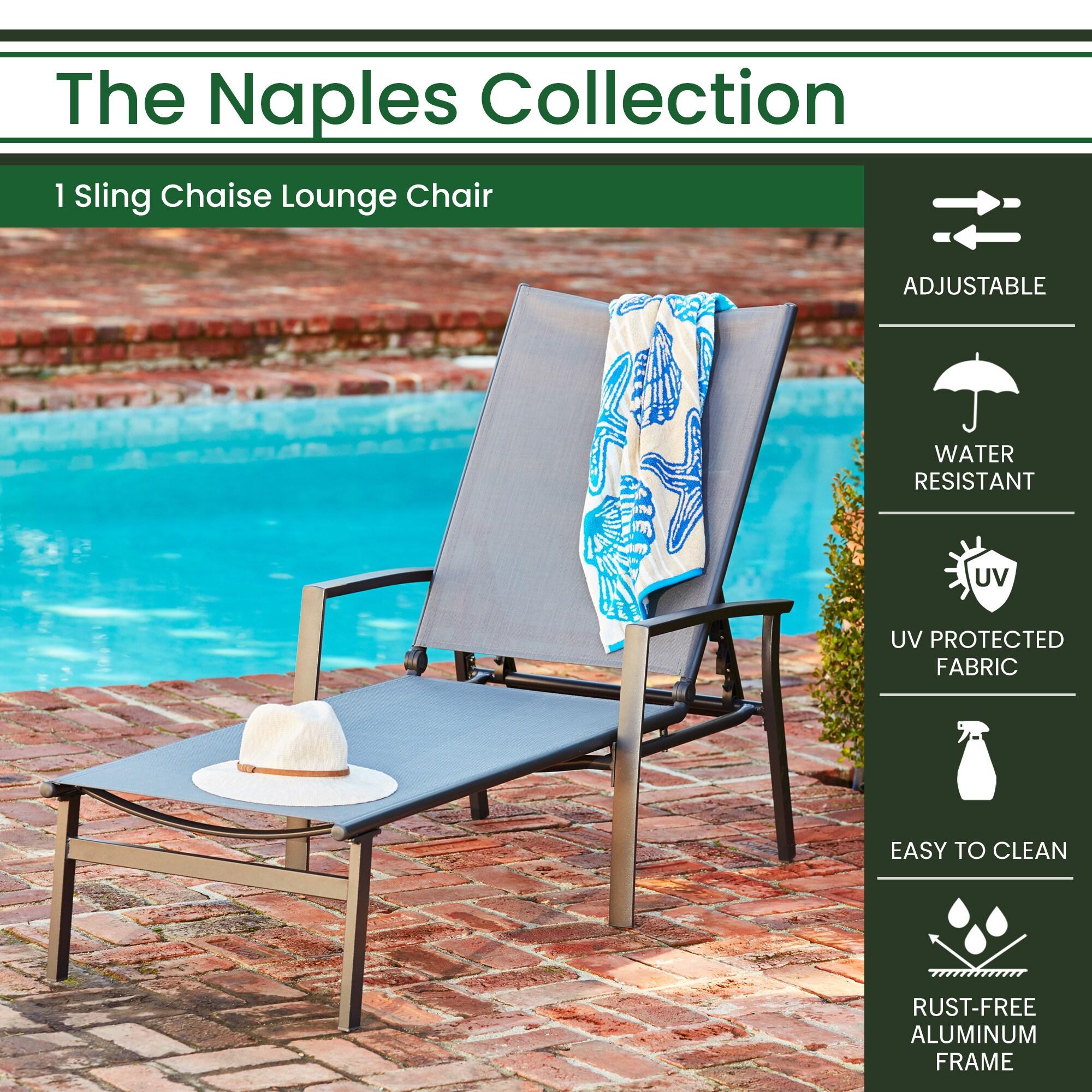 Hanover Naples Outdoor Folding Chaise Lounge Chair with Adjustable Backrest | Patio and Poolside Lounging Chair | UV and Weather-Resistant Sling Fabric | NAPLESCHS-GRY