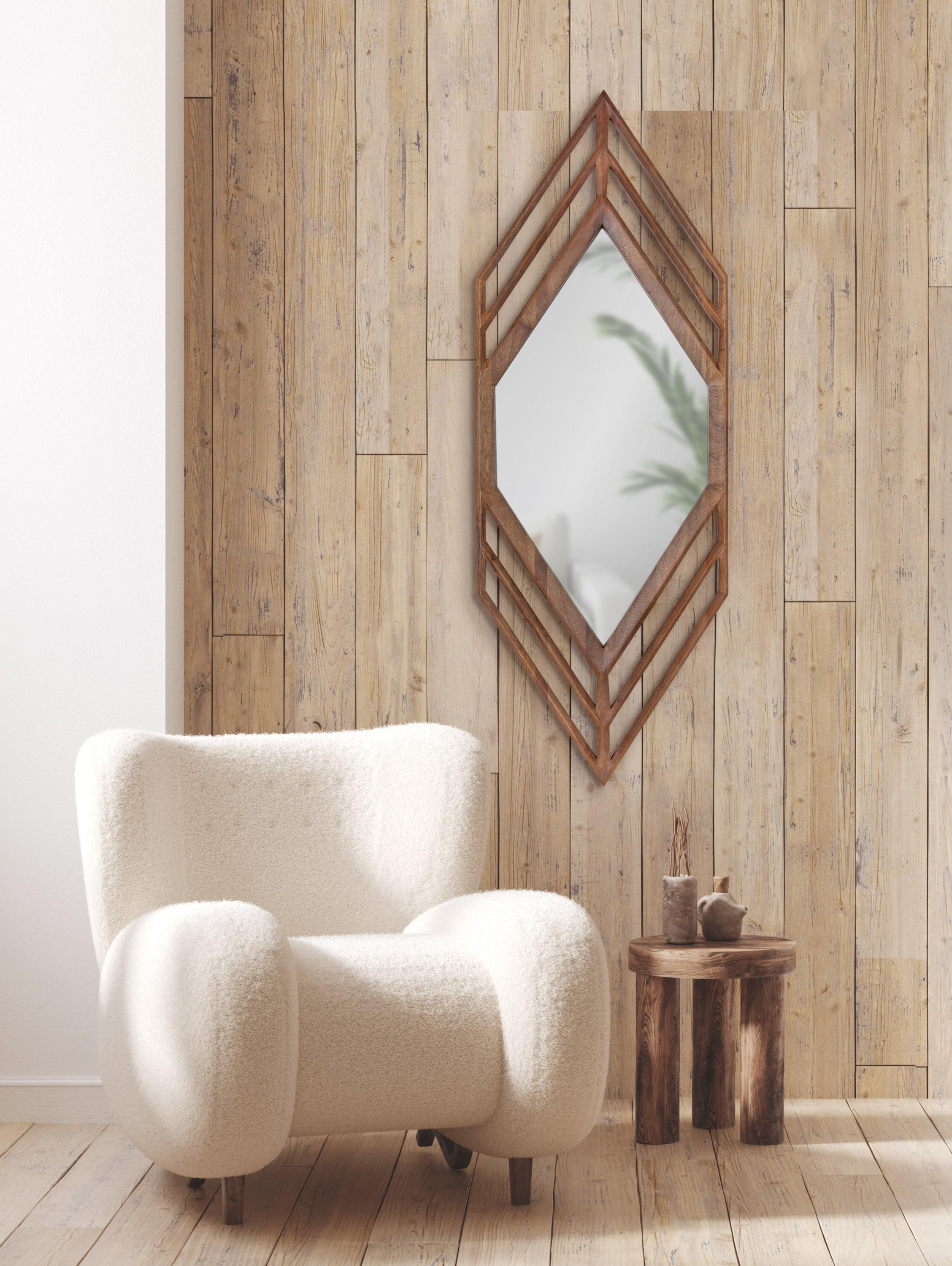 Kate and Laurel Vayga Bohemian Geometric Decorative Wall Mirror, 14 x 42, Natural, Modern Hexagon Mirror for Wall
