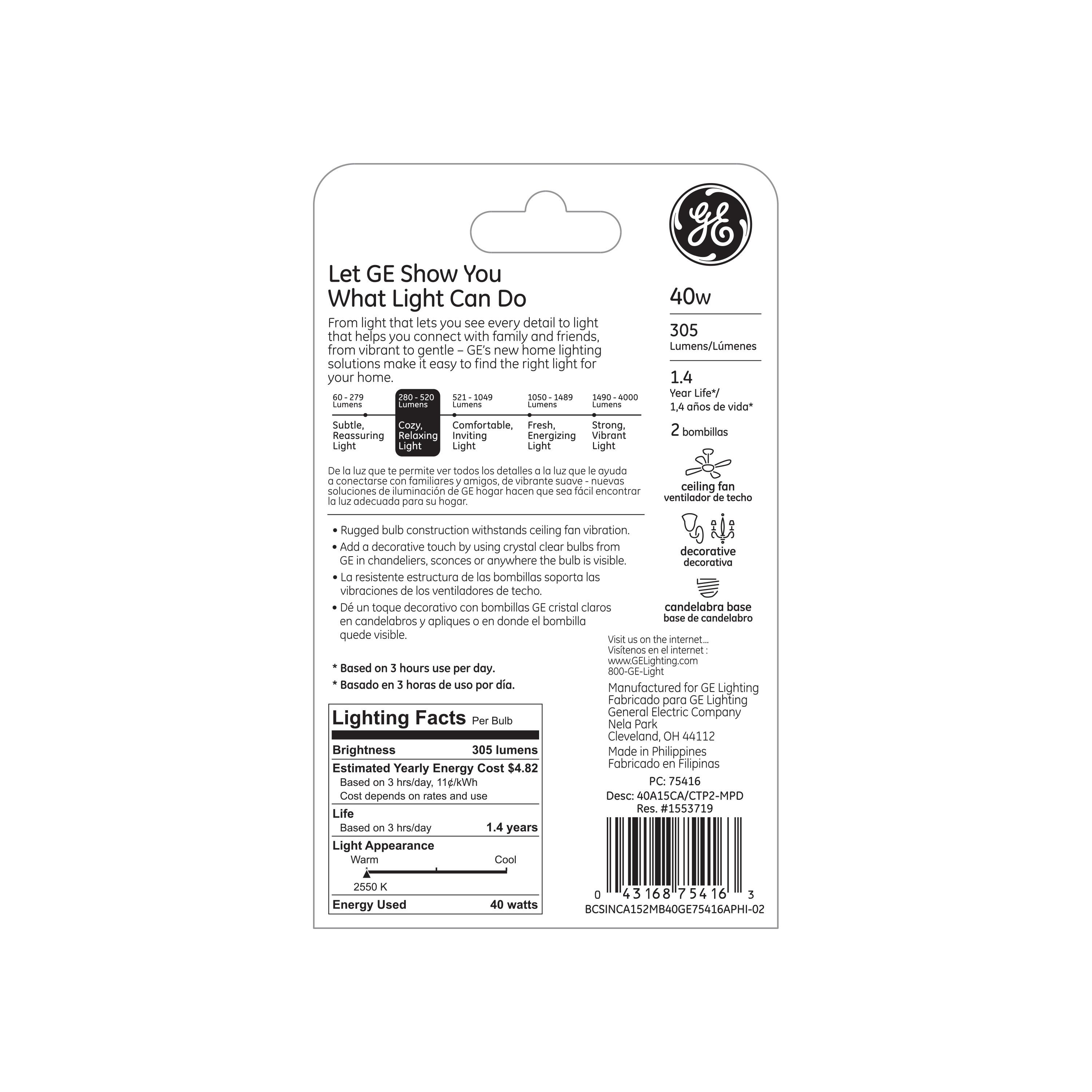 General Electric 40 Watt, A15 Base Clear Bulb (2 Pack)