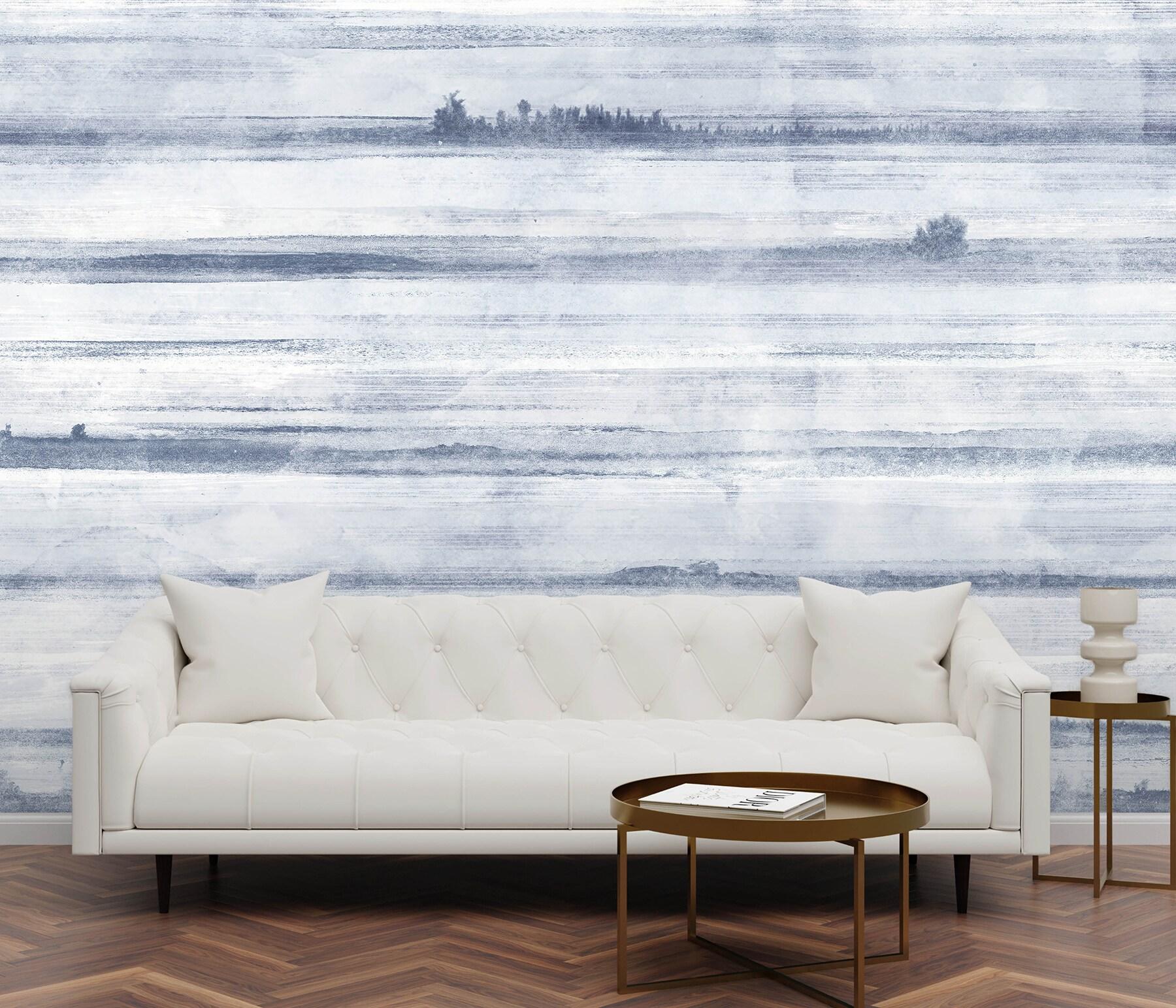 Ocean Blue and White Striped Washable Wall Mural