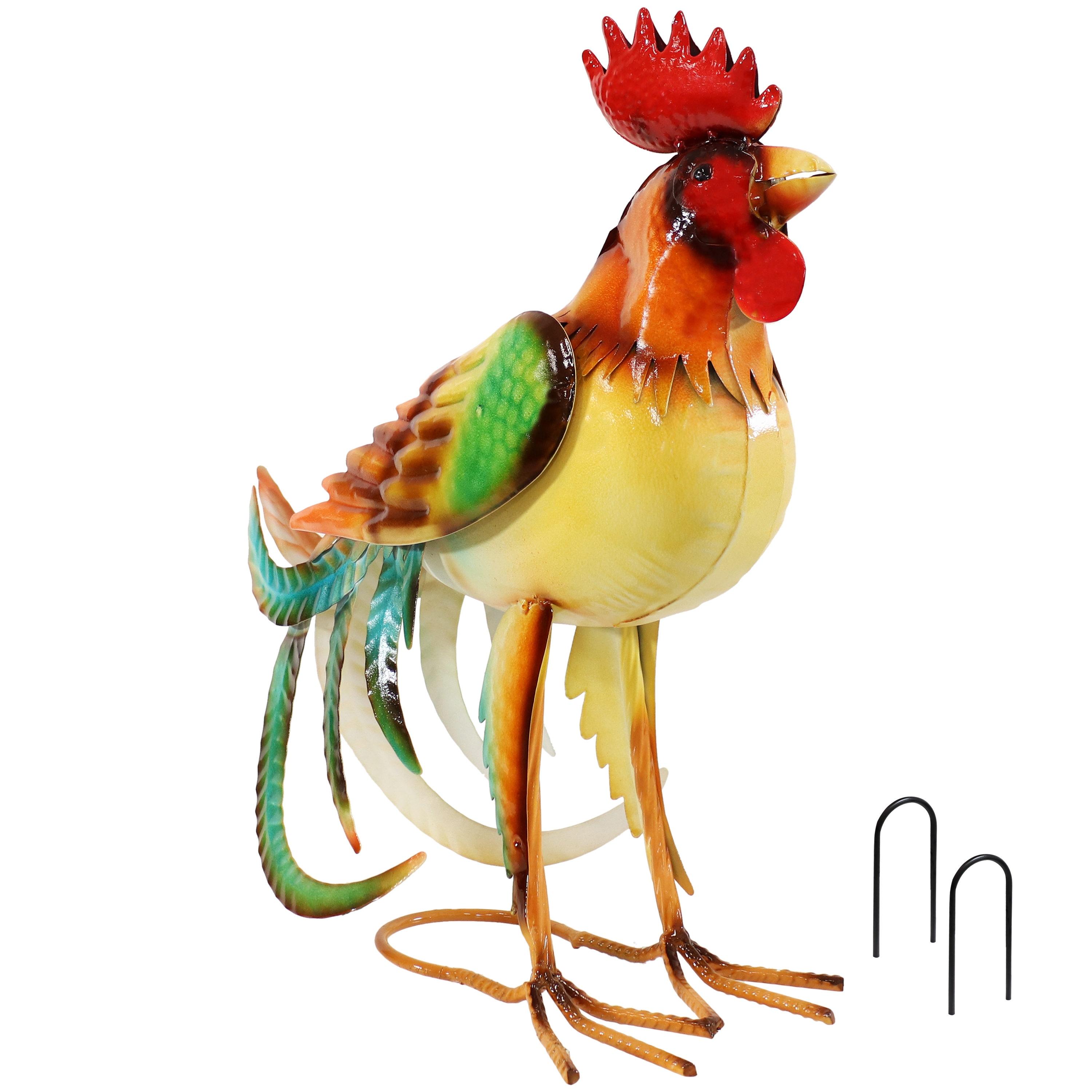 Sunnydaze Romeo the Rooster Metal Outdoor Statue - 16" – Red, Orange, Yellow, and Green