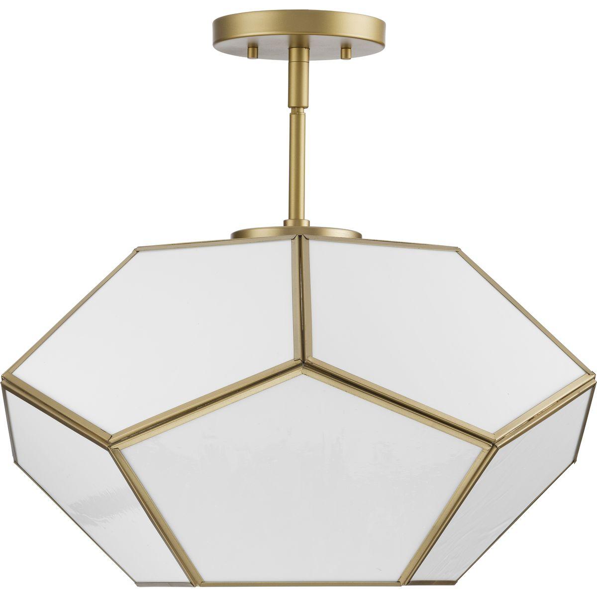 Progress Lighting Latham 3-Light Semi-Flush Mount, Vintage Gold, White Art Glass. Geometric framework with handmade glass.