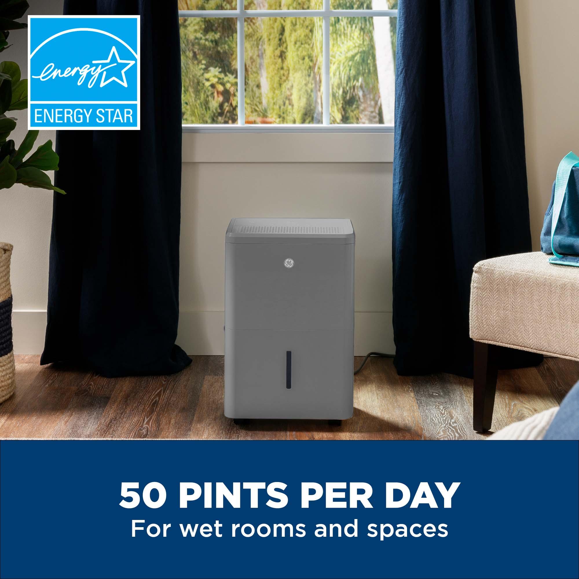 GE ADYR50LC 50-Pint Energy Star Portable Dehumidifier with Smart Dry for Wet Spaces, Grey