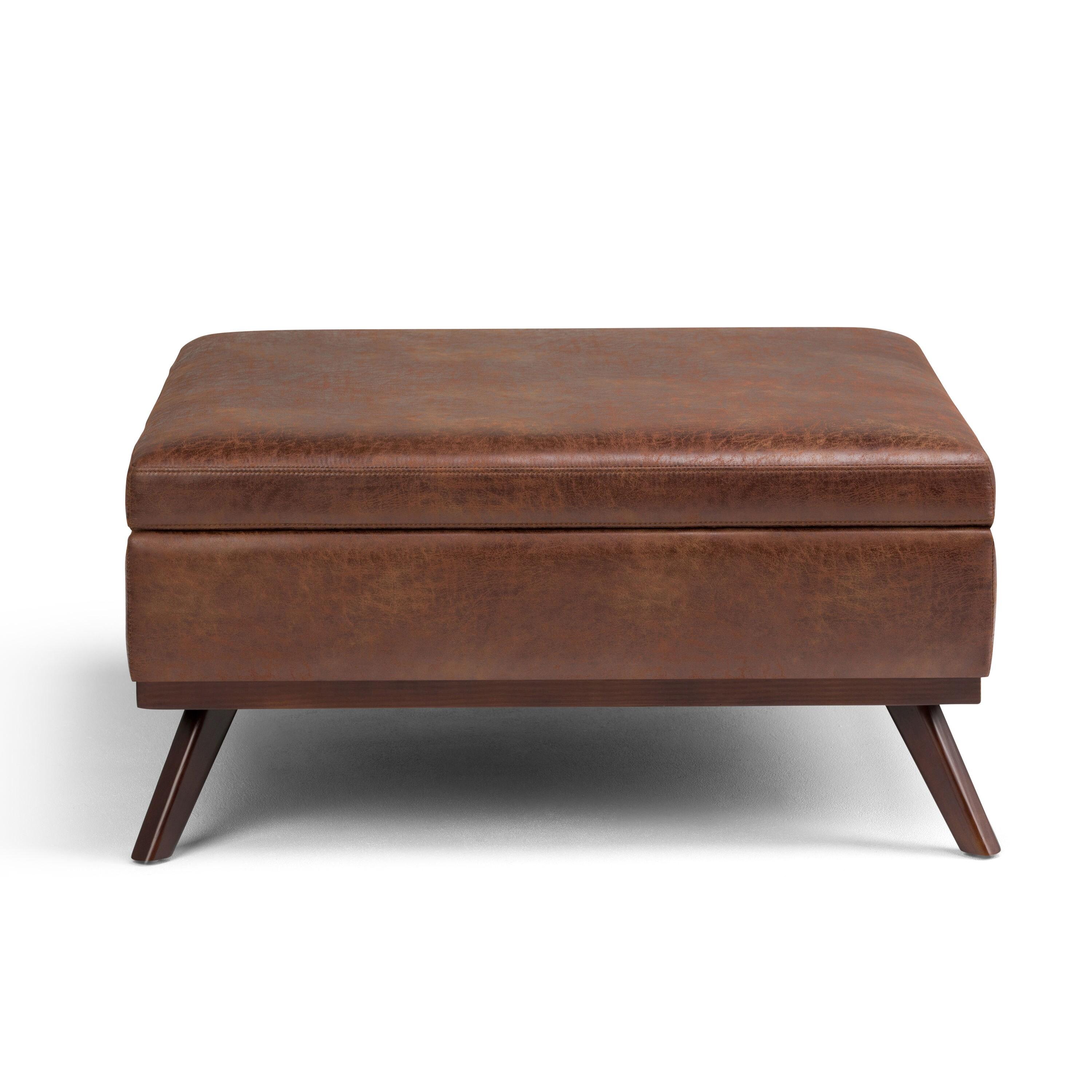 Simpli Home Owen Faux Air Leather Square Coffee Table Ottoman in Saddle Brown