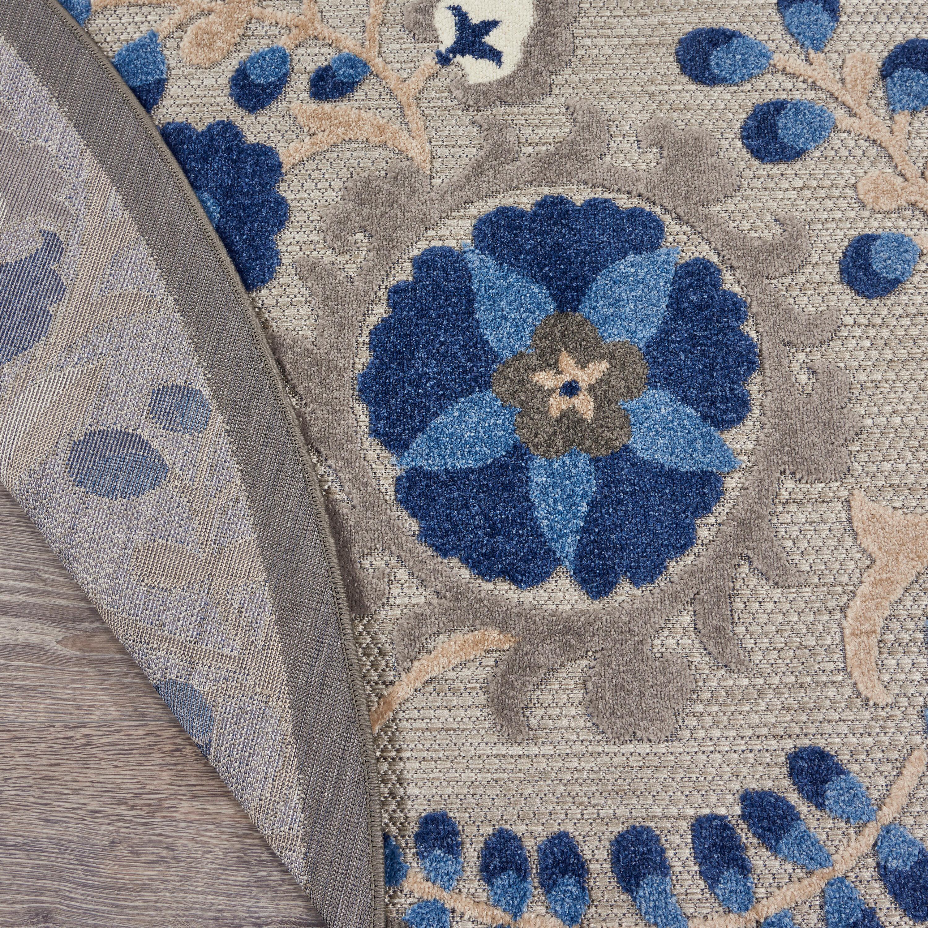 Nourison Aloha Floral Textured Flatweave High-Low Indoor Outdoor Round Rug Natural/Blue 5'3" x 5'3"