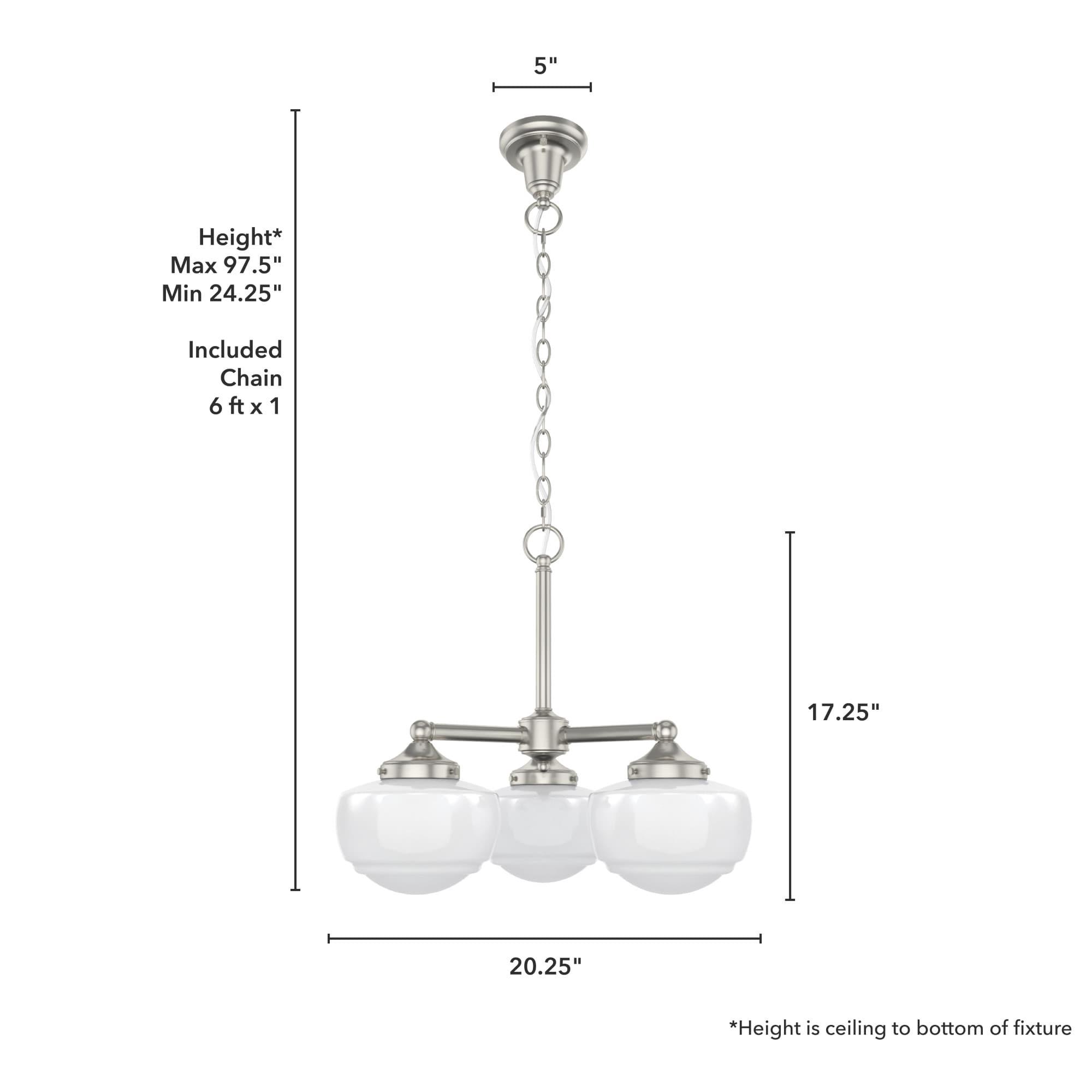 Hunter - Saddle Creek 3-light Brushed Nickel, Medium Size Chandelier, Dimmable, Schoolhouse Style, Candle Shaped, for Bedrooms, Kitchens, Dining, Living Rooms - 19355