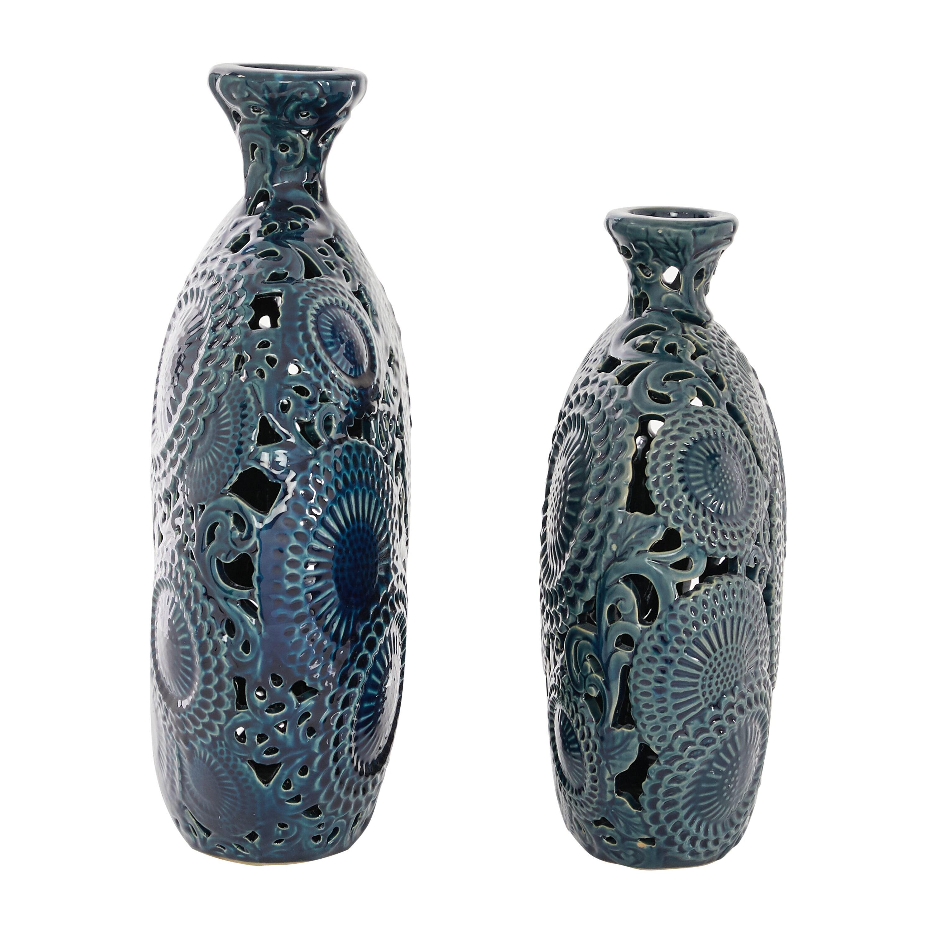 DecMode 16", 13"H Floral Blue Ceramic Vase with Cut Out Patterns, Set of 2