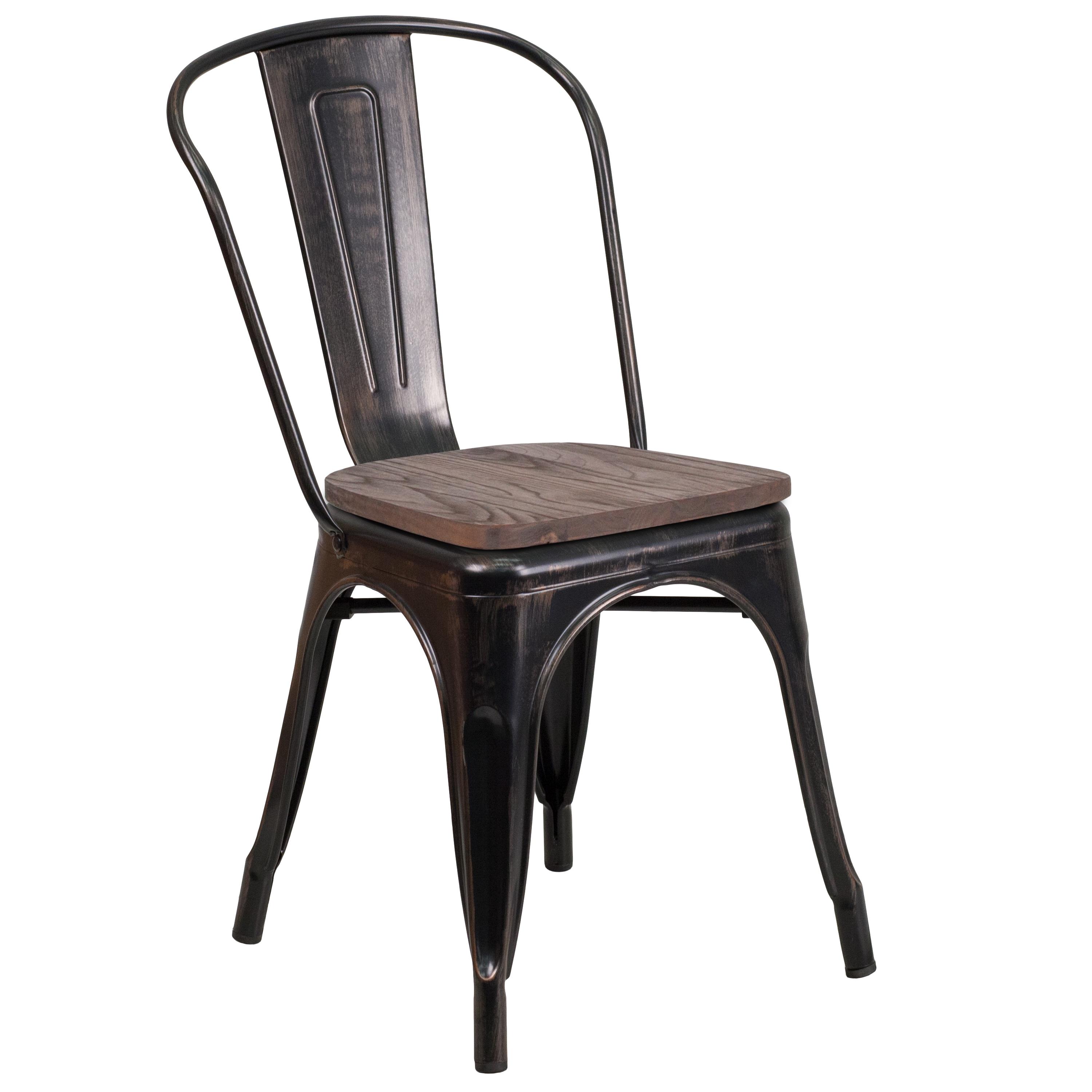 Flash Furniture Black-Antique Gold Metal Stackable Chair with Wood Seat