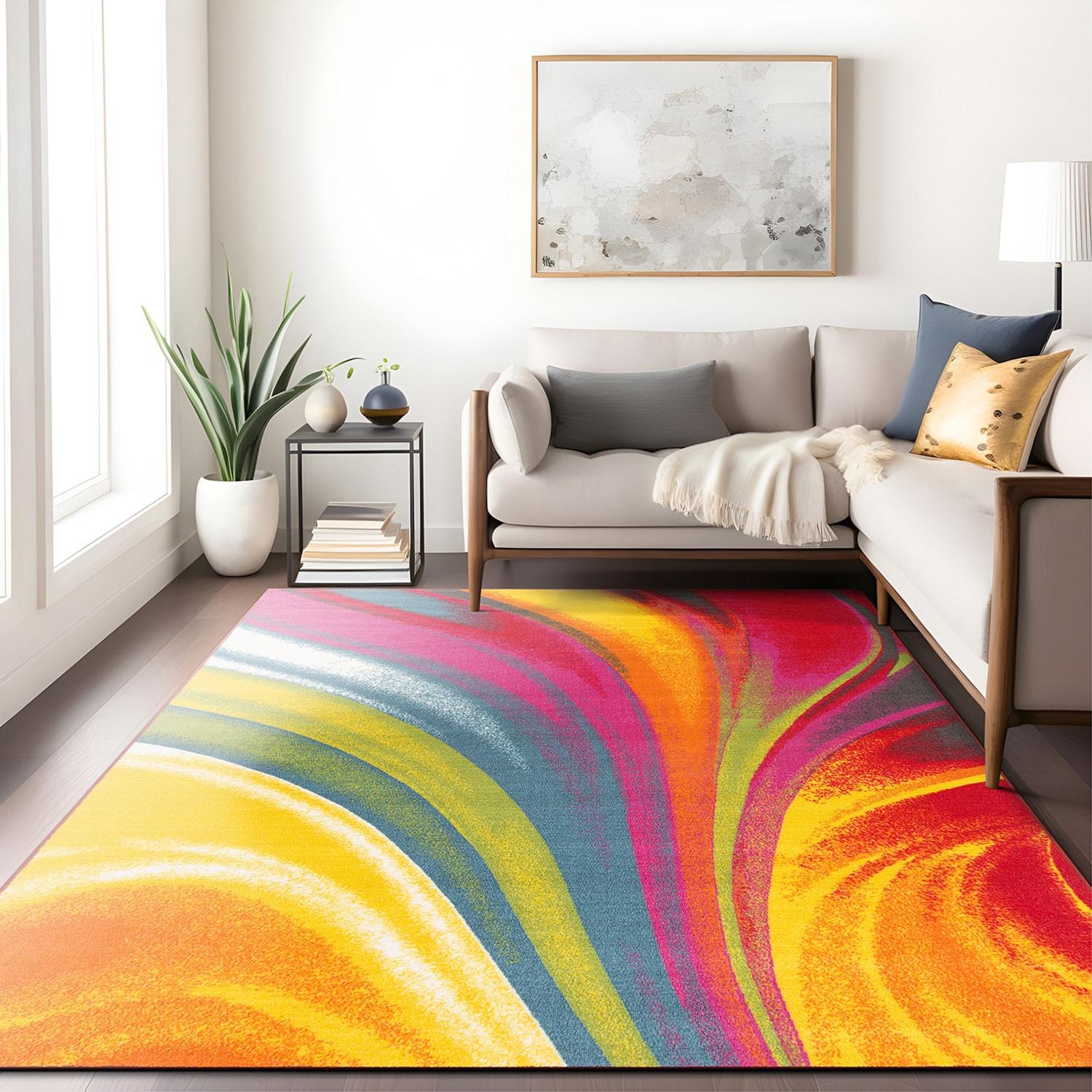 World Rug Gallery Modern Contemporary Waves Multicolored Non-slip (Non-skid) Area Rug - Multi 5'3" x 7'3"