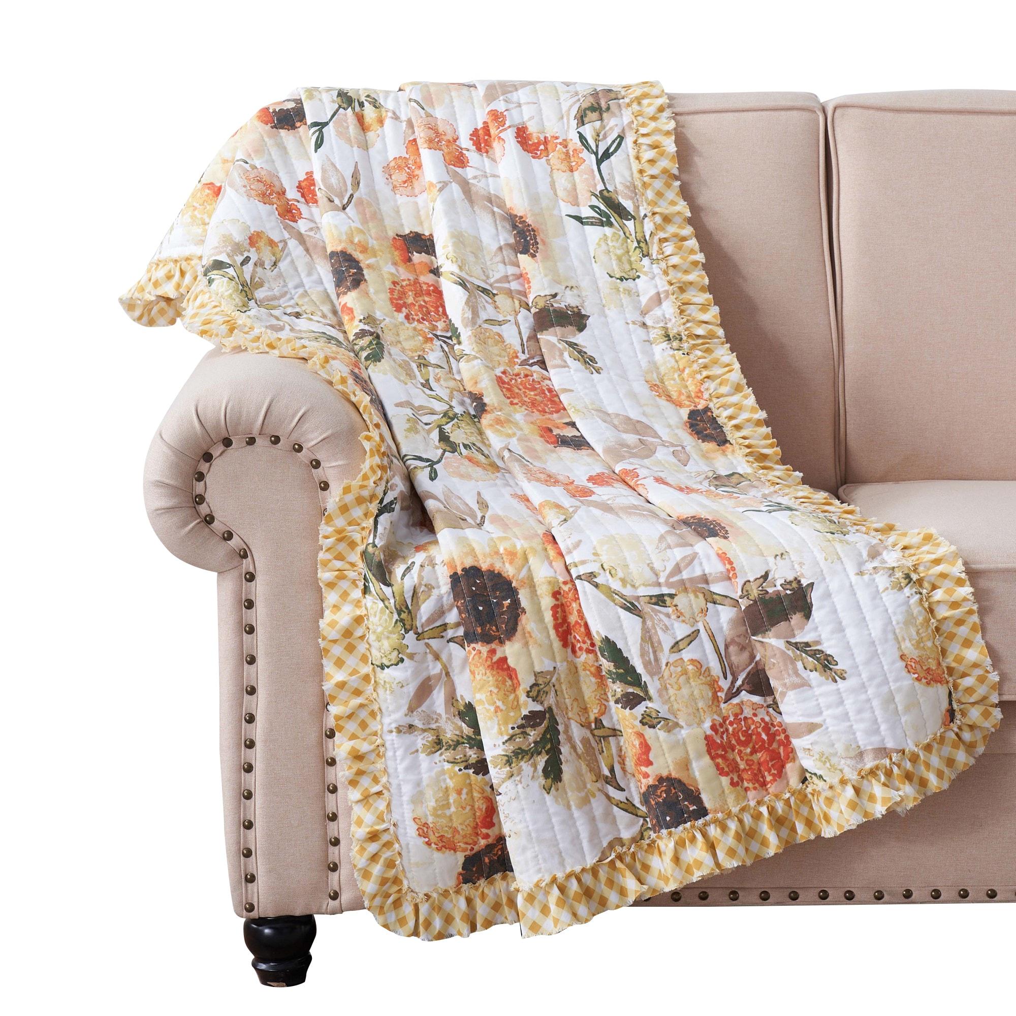 Greenland Home Fashions Somerset Sunflower Reversible Quilted Throw with Gingham Ruffles