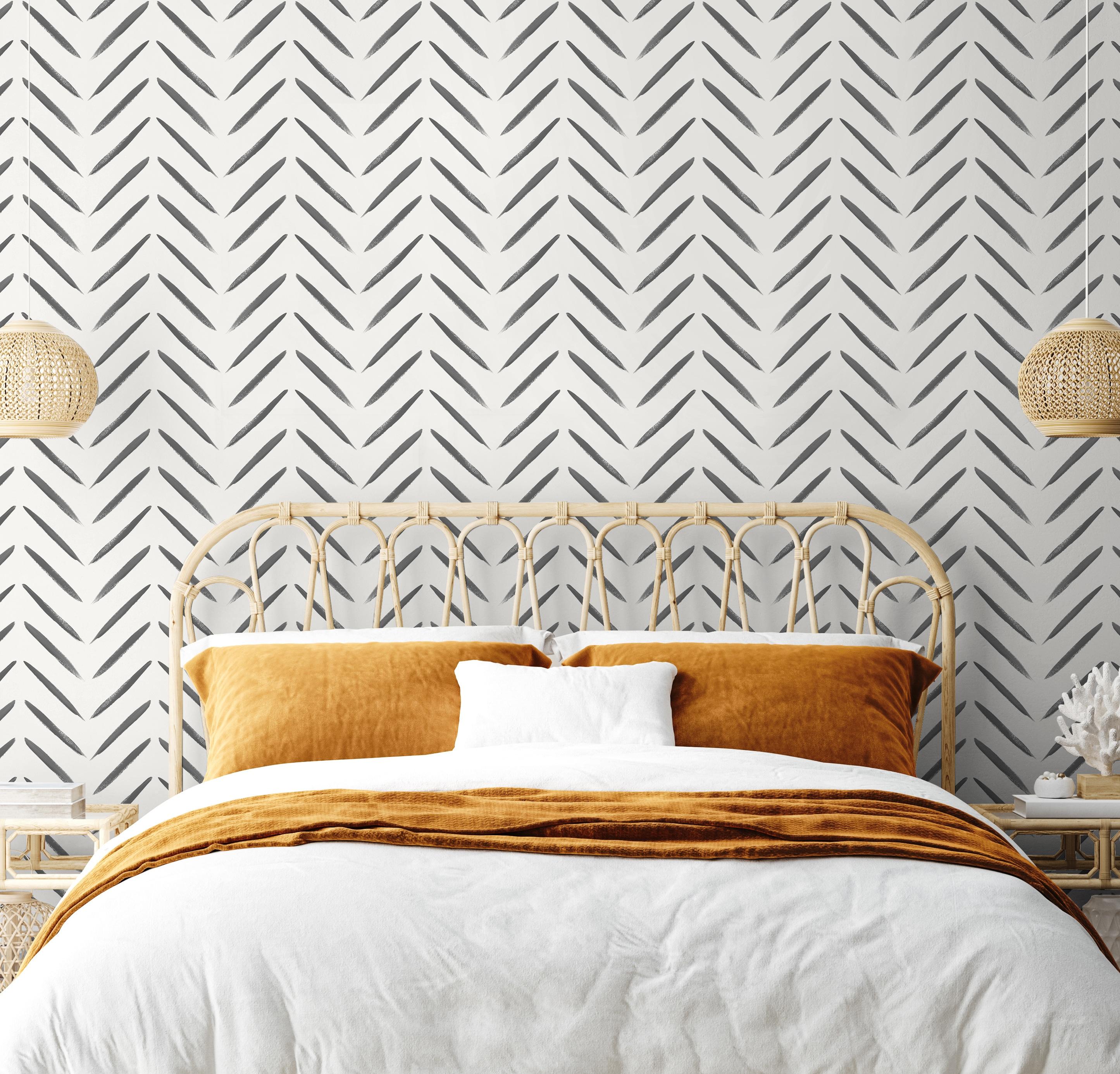 Holden Chevron Brush Marks Black and White Wallpaper: Modern Non-Pasted Paper, Classic Pattern, Washable, 33ft x 20.8in