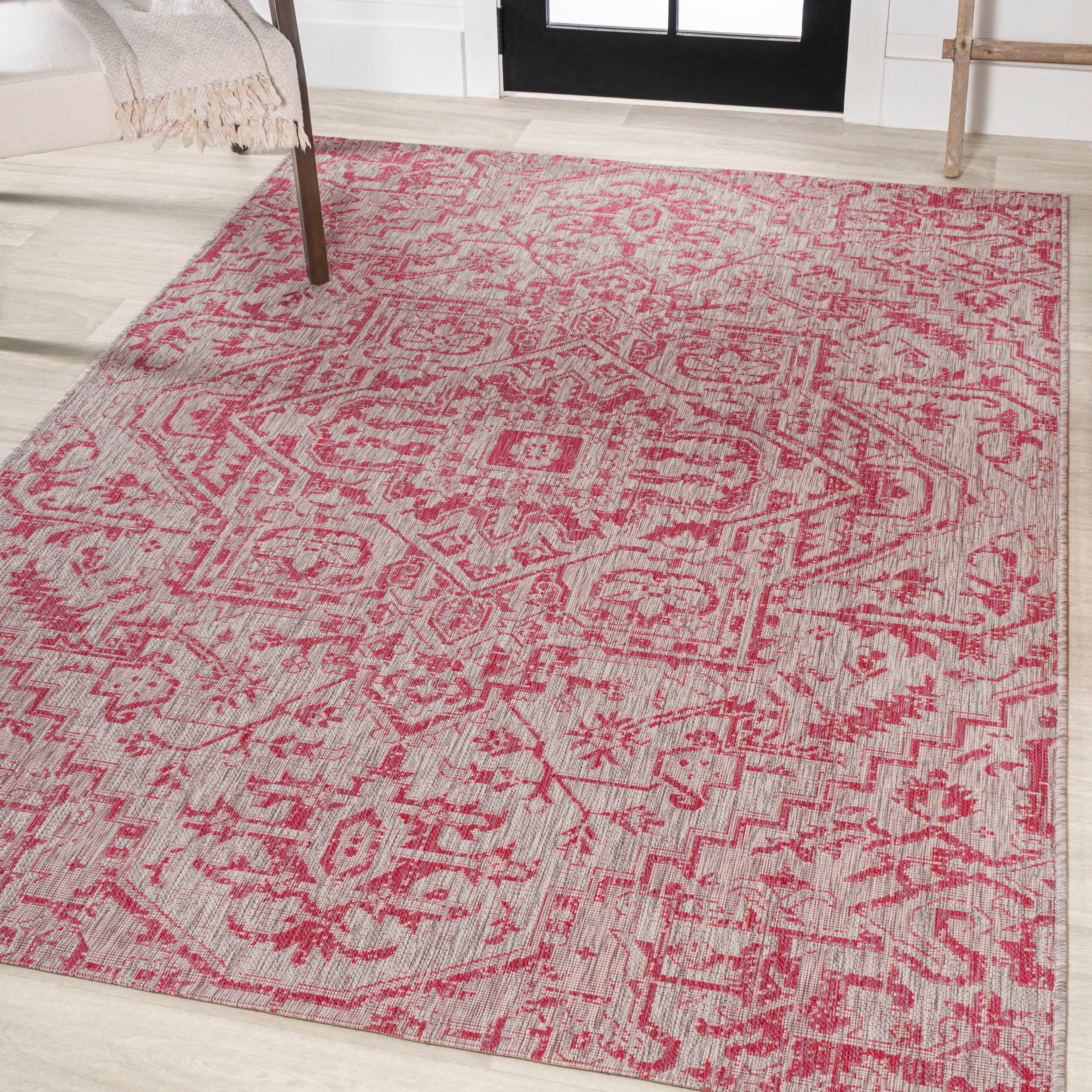 4' x 6' Estrella Bohemian Medallion Textured Weave Indoor/Outdoor Area Rug, Light Gray/Fuchsia - JONATHAN Y