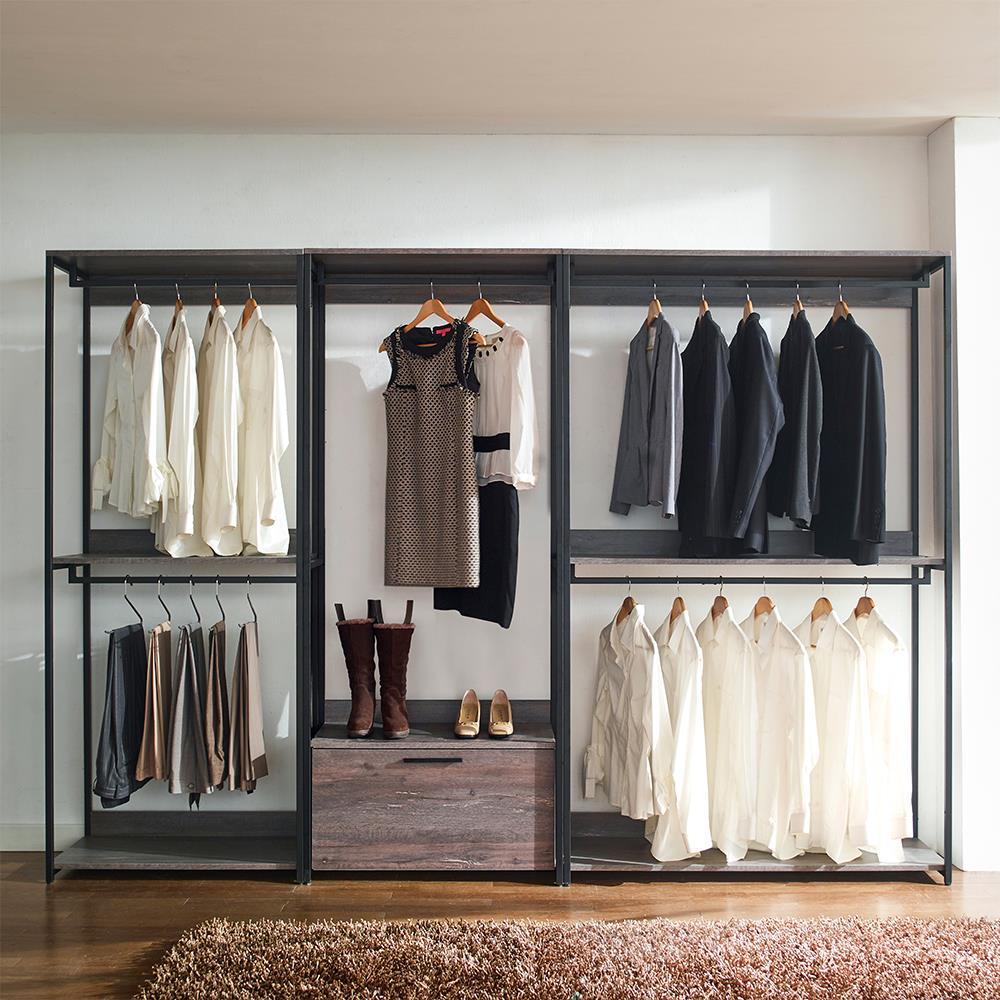AndMakers Monica Farmhouse Industrial Wood Walk-in Closet with Two Shelves in Rustic Gray