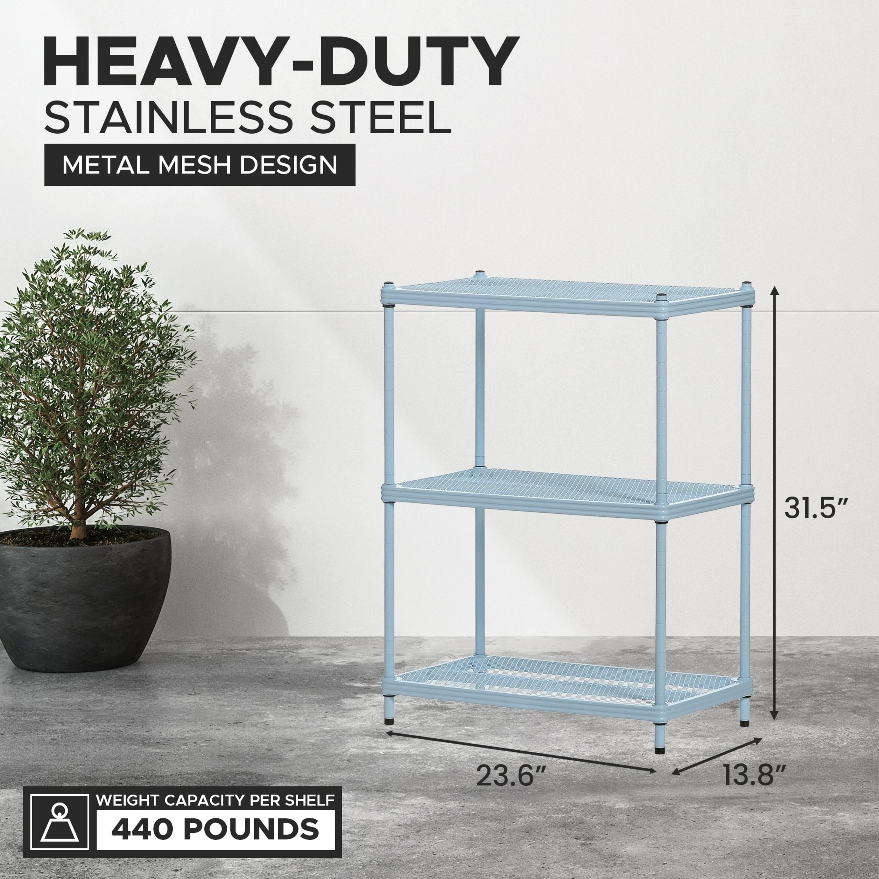 Design Ideas MeshWorks 3 Tier Full-Size Metal Storage Shelving Unit Rack for Kitchen, Office, and Garage Organization, 23.6” x 13.8” x 31.5,” Blue