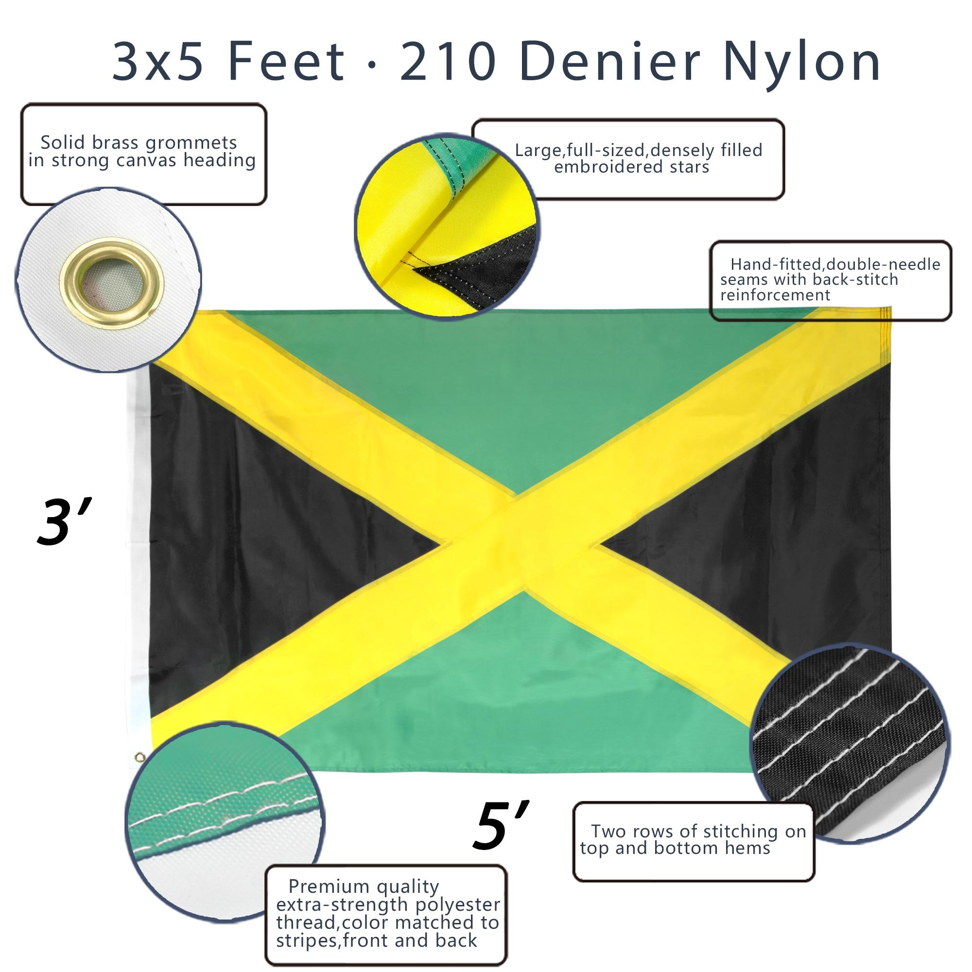 Anley 3x5 Ft Heavy Duty Nylon Jamaica Flag - Embroidered and Sewn Stripes - Jamaican National Banner Flags