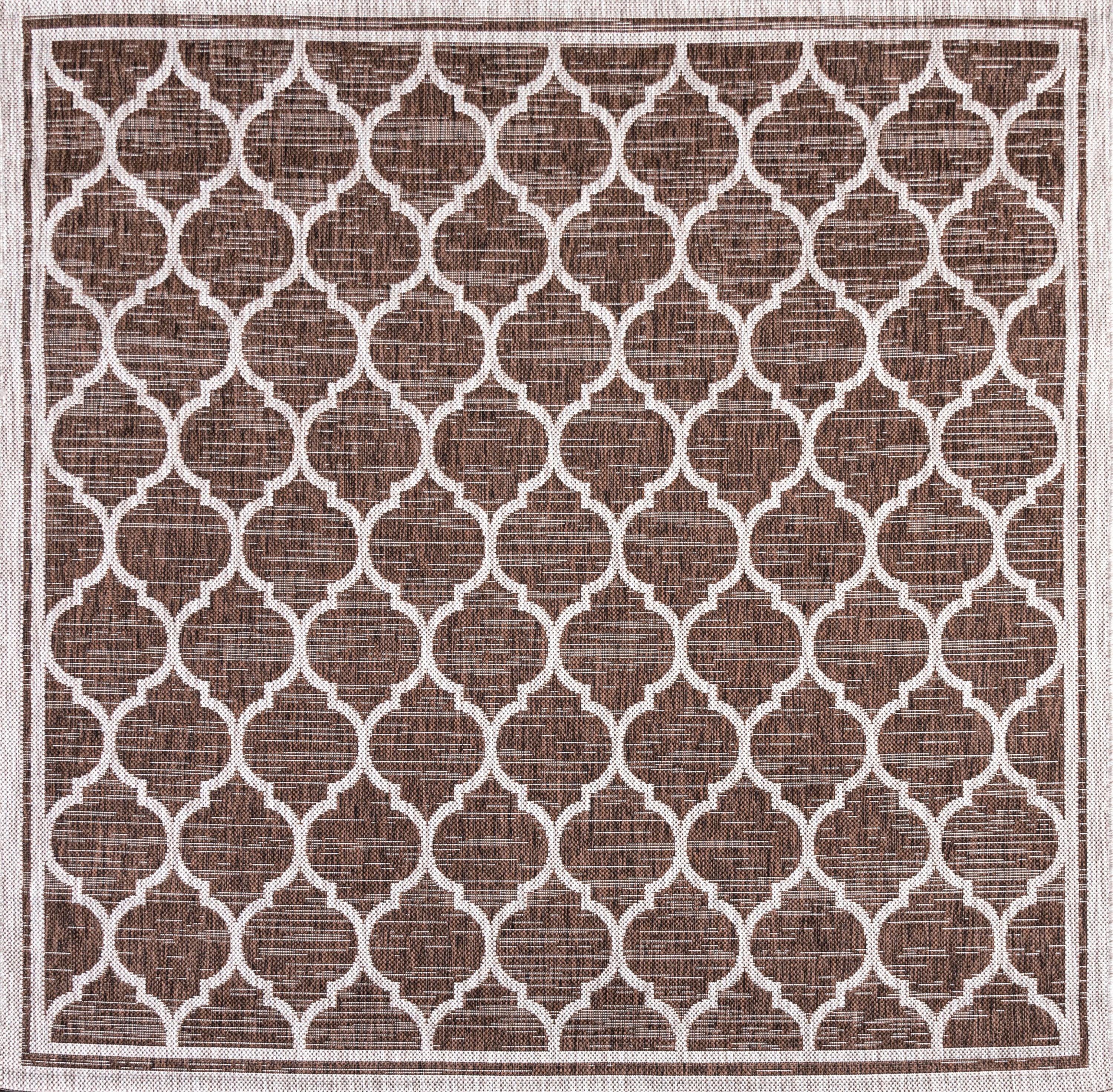 5' Square Trebol Moroccan Trellis Textured Weave Indoor/Outdoor Area Rug, Espresso/Taupe - JONATHAN Y