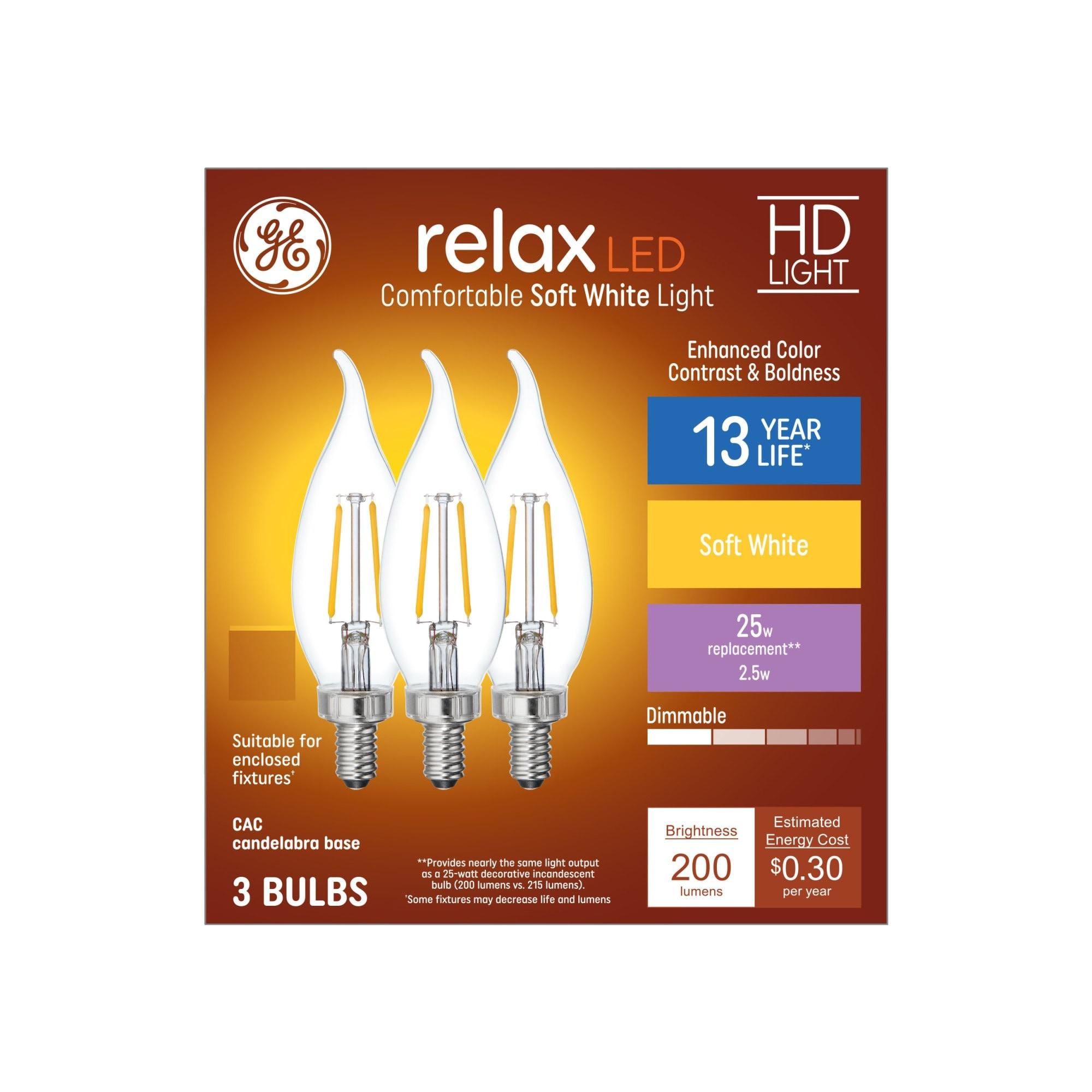 GE Relax HD 25 -Watt EQ CAC Soft white Candelabra base (E-12) Dimmable LED Decorative Light Bulb 3 -Pack