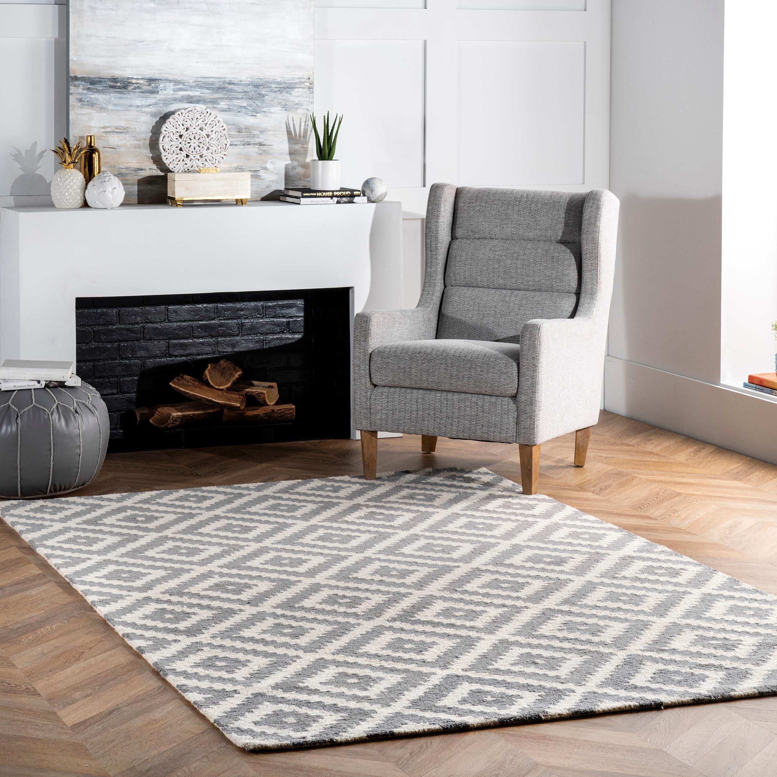 Nuloom Kellee Geometric 5 Round Wool Indoor Area Rug for Living Room Bedroom Dining Room Kitchen, Grey/White