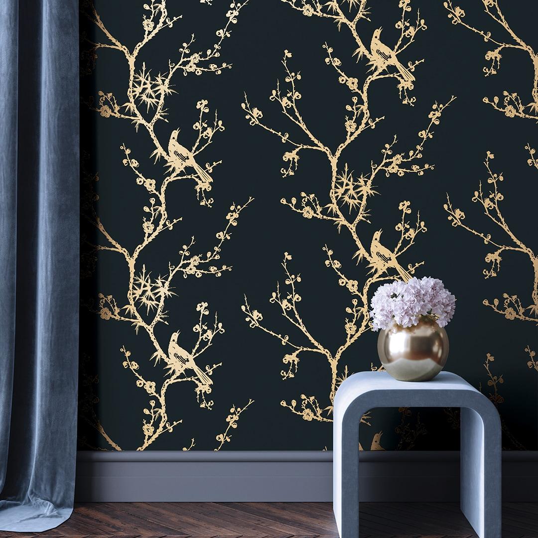 Tempaper & Co.® x Cynthia Rowley Bird Watching Removable Peel and Stick Wallpaper, Black and Gold, 56 sq ft: Vinyl, Self-Adhesive