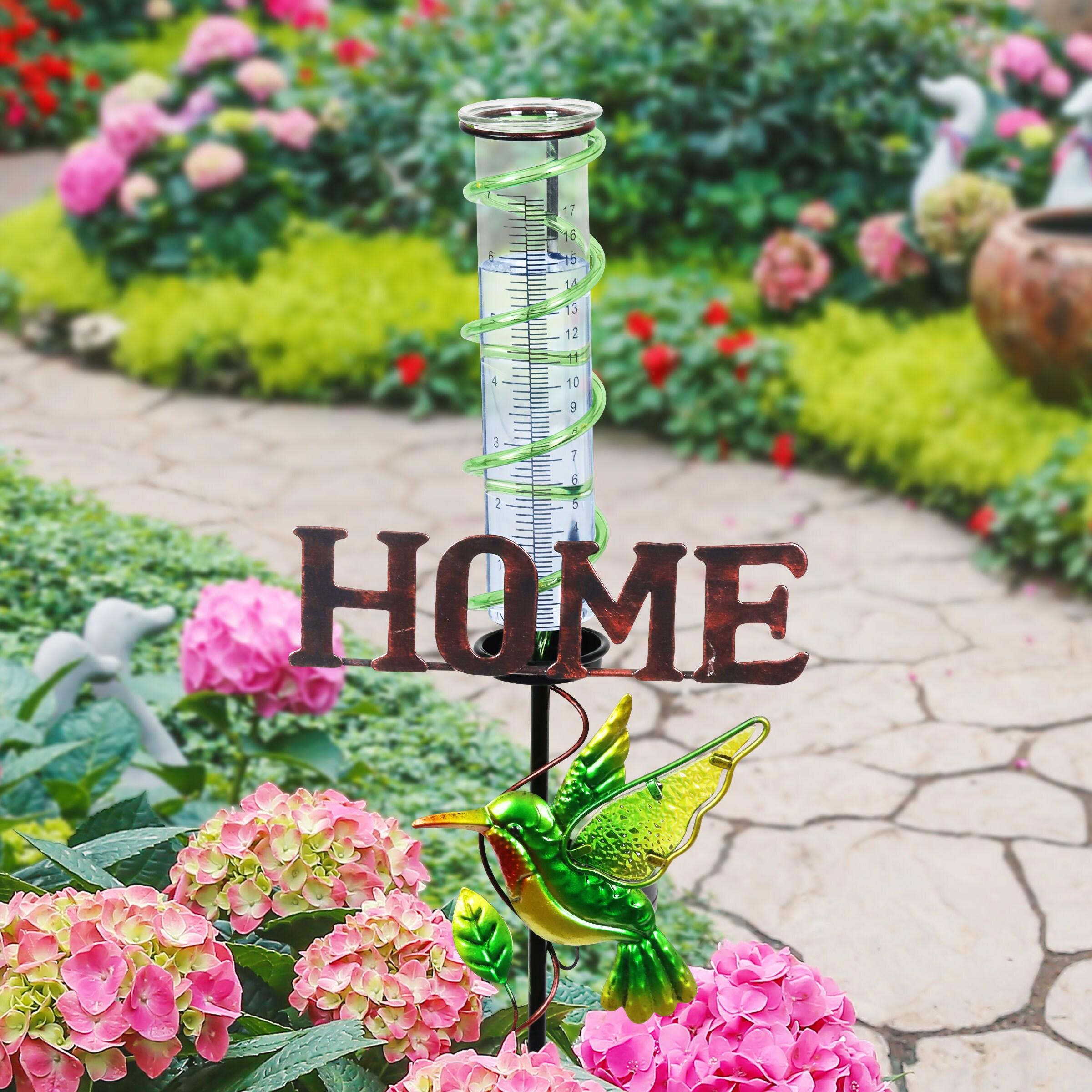 Exhart Solar Hummingbird Rain Gauge Garden Stake Reads HOME, 12.5 by 31.5 Inches