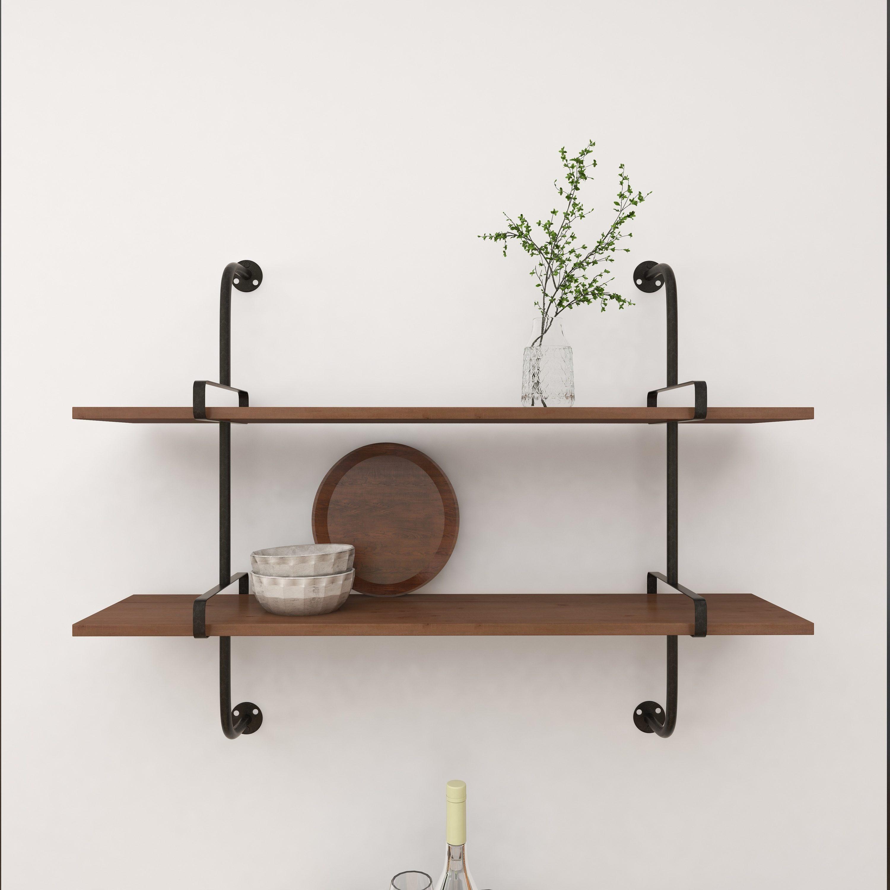 Brown Iron and Fir Wood 2-Tier Wall Shelf, 37" x 29"