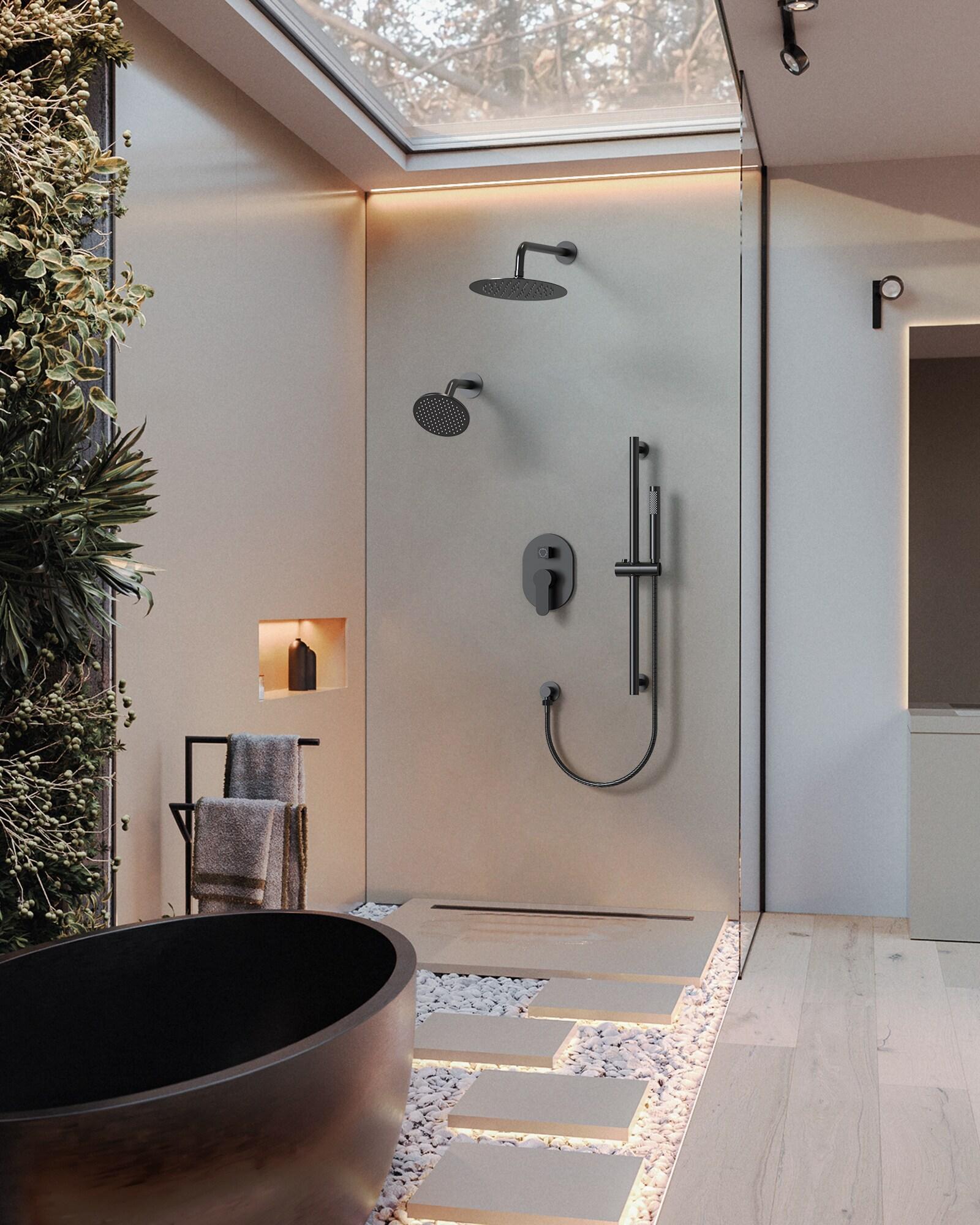 GRANDJOY Complete Shower System, 10" and 6" Dual Wall Mount Rain Shower Faucets with Handheld Shower Spray, High Pressure in Matte Black