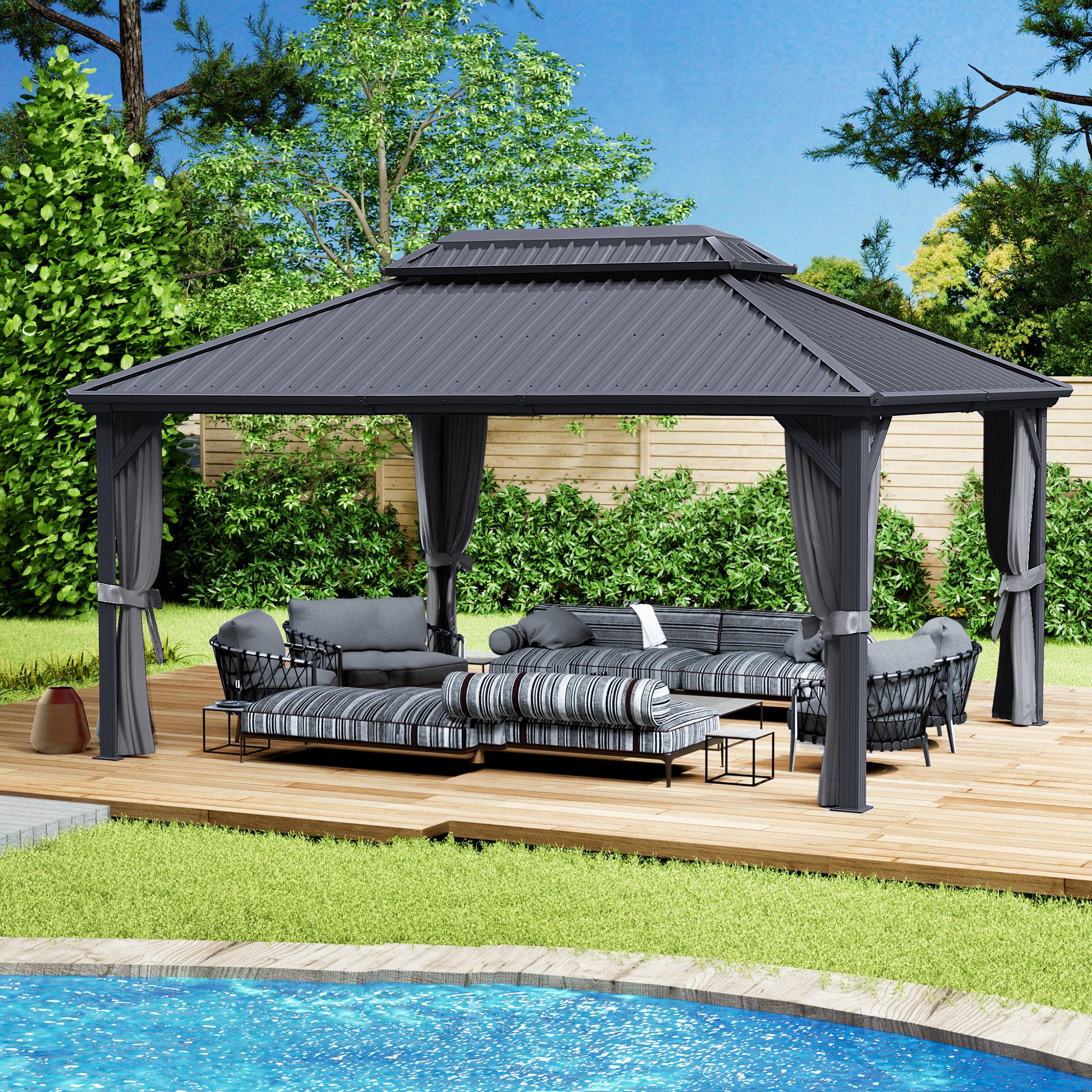 Kozyard Kozyard Caesar Gray Double Roof Hardtop Gazebo with Privacy Curtain and Mosquito Netting
