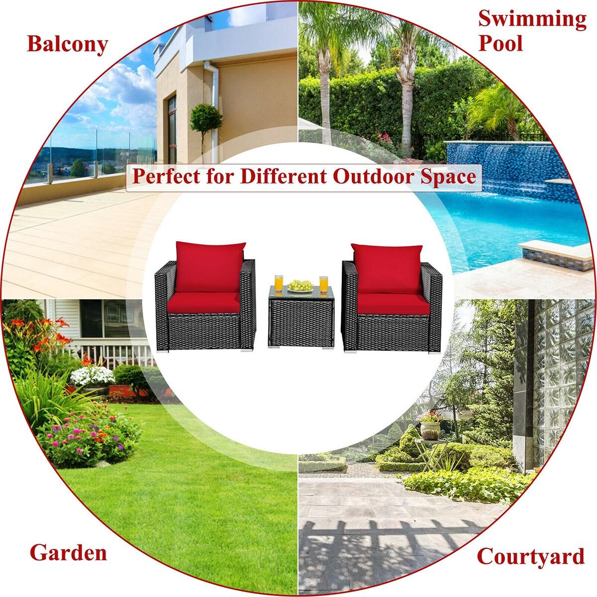 Costway 3PCS Patio Rattan Wicker Furniture Set Sofa Table W/Cushion Yard Red