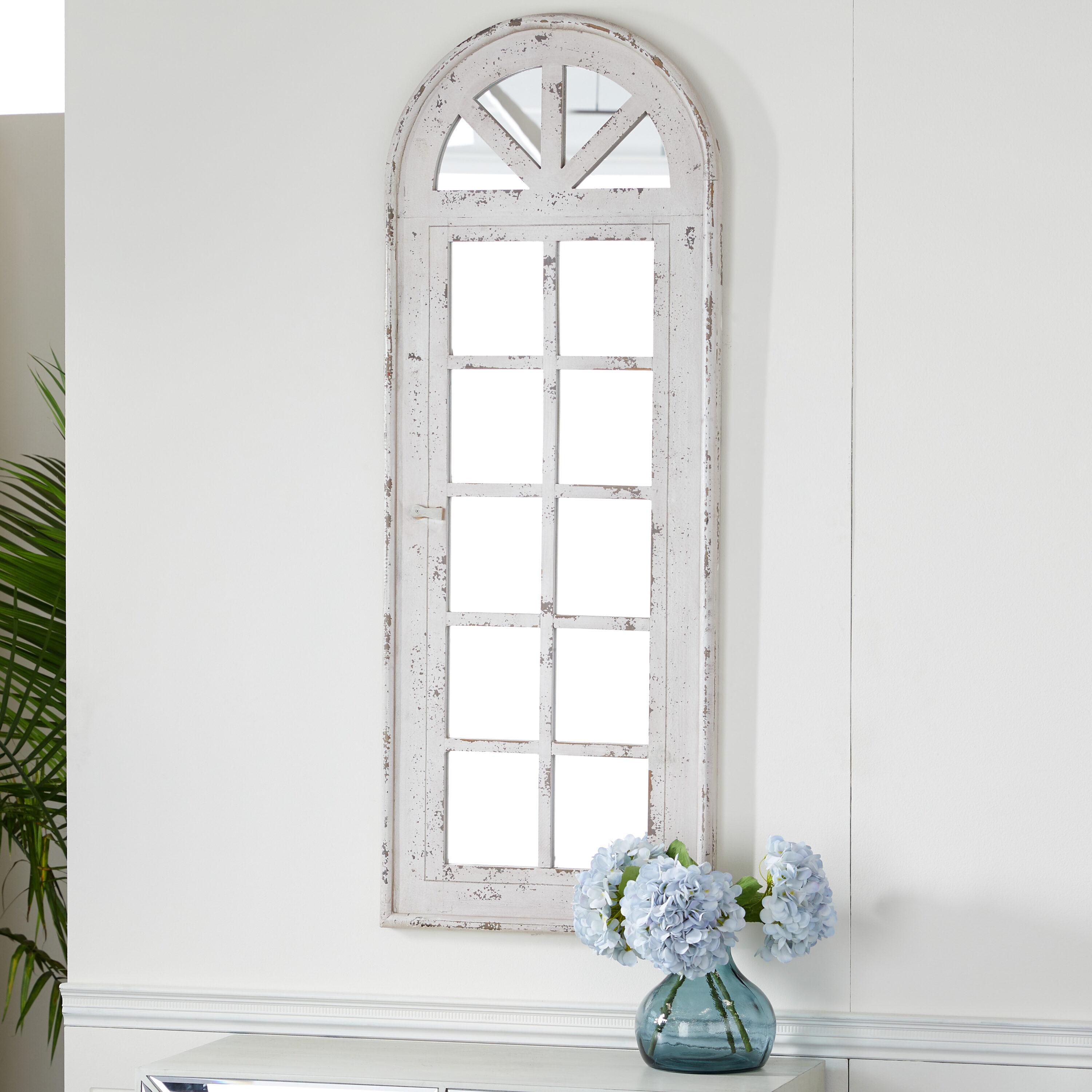 Distressed White Arched Wood Windowpane Wall Mirror