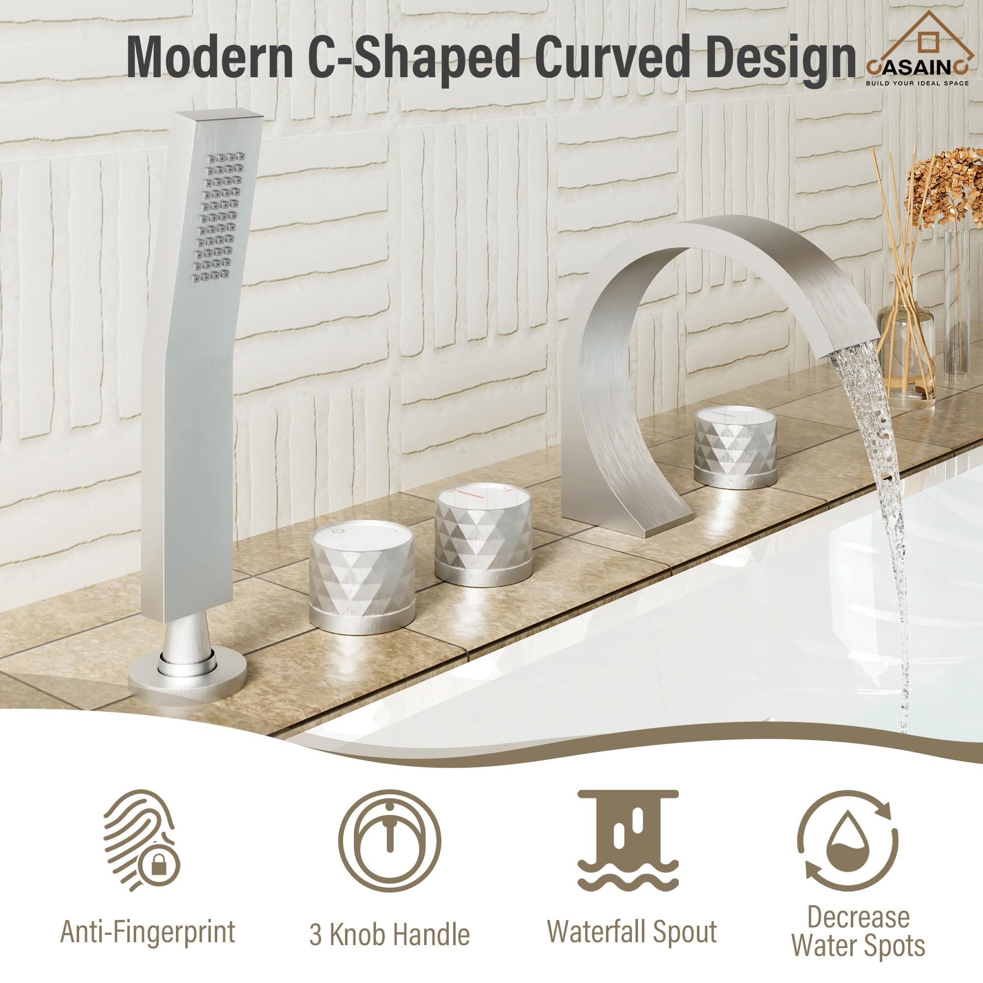 3 Handles Deck Mounted Bathroom Tub Faucet Trim with Handshower