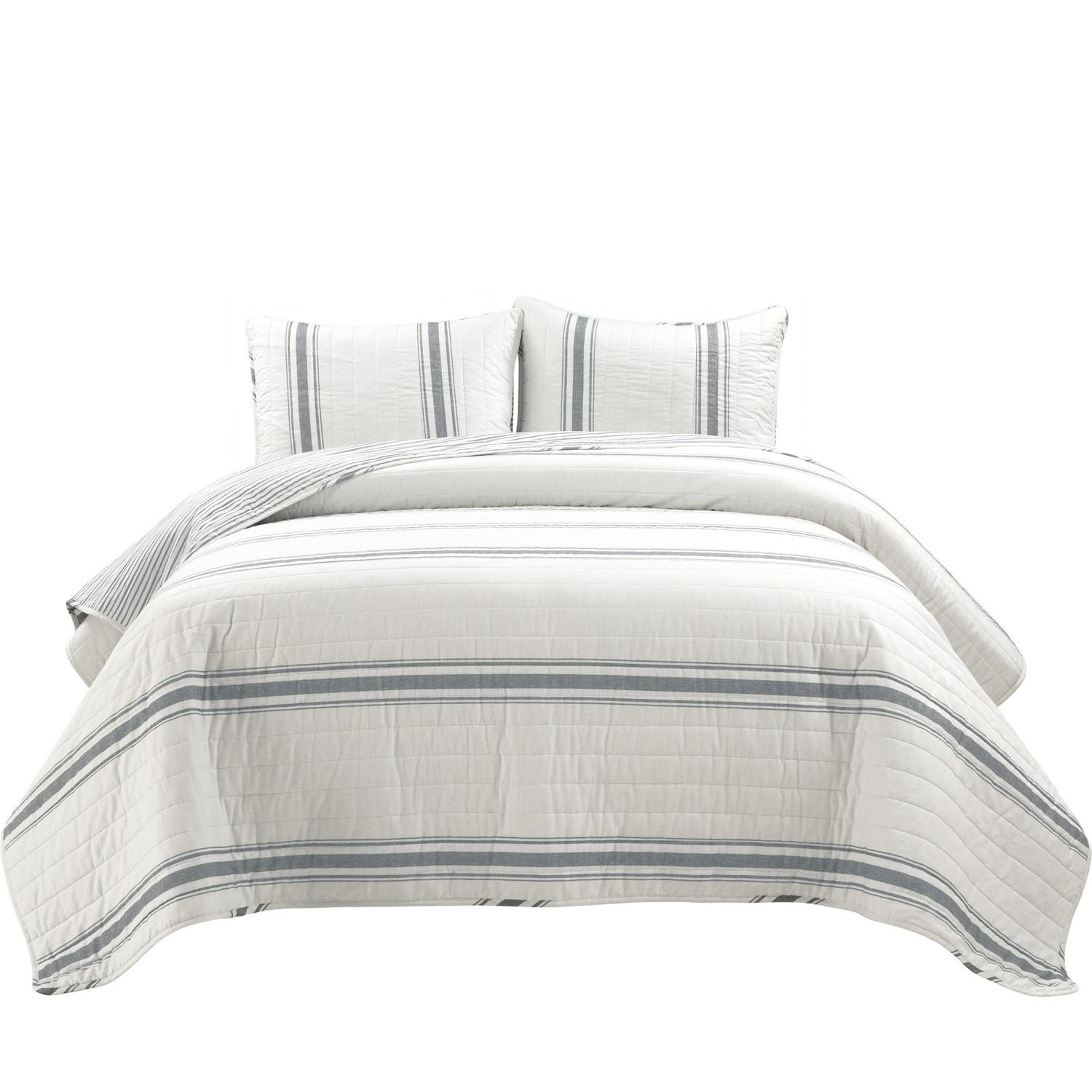 3pc Full/Queen Farmhouse Striped Reversible Quilt Bedding Set Dark Gray - Lush Décor: Cotton & Microfiber, Machine Washable