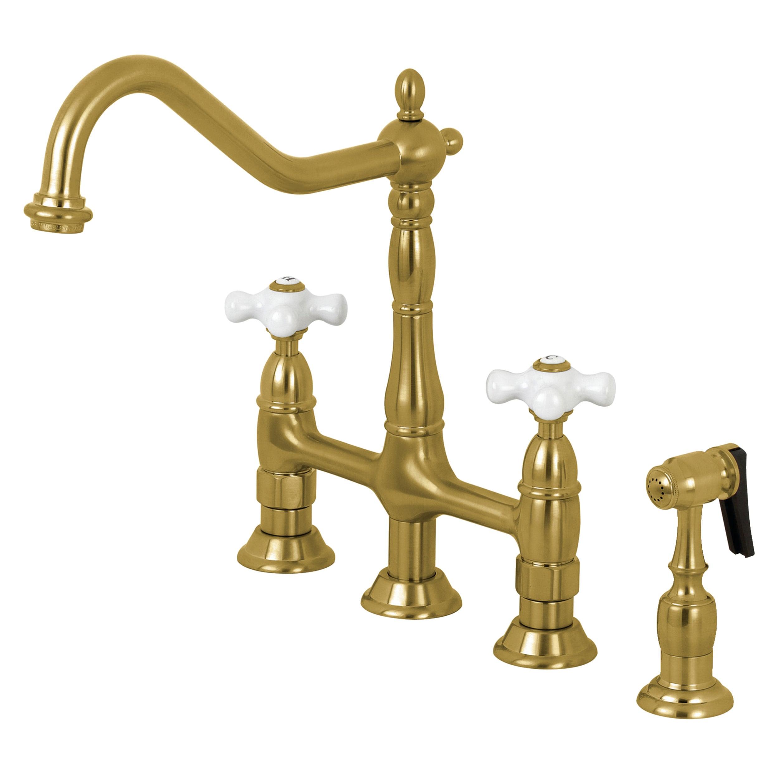 Kingston Brass Heritage Two-Handle 4-Hole Deck Mount Bridge Kitchen Faucet with Brass Side Sprayer