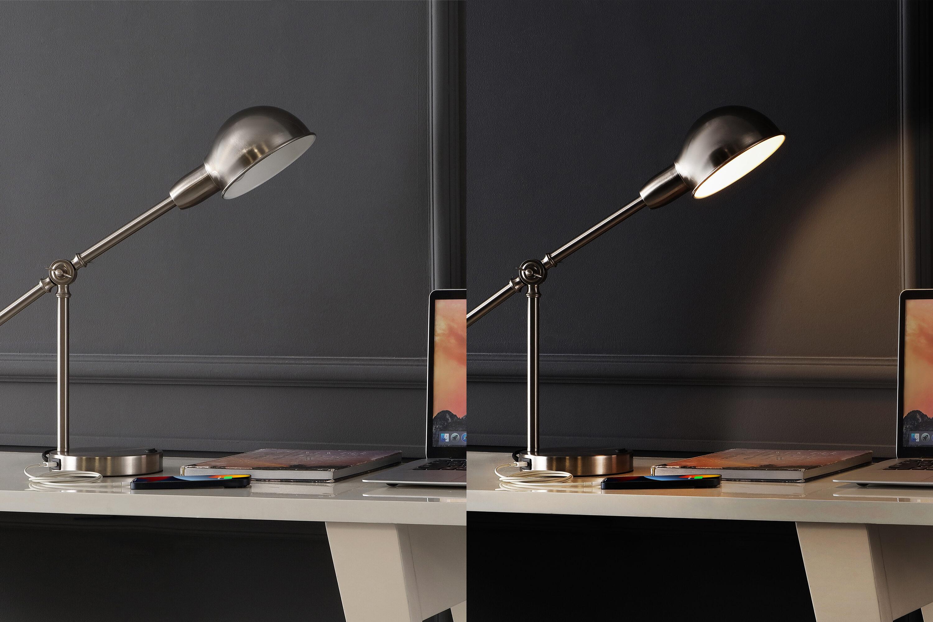 JONATHAN Y Curtis 20.25" Vintage Industrial Iron Adjustable Dome Shade LED Task Lamp with USB Charging Port, Nickel, JYL7123B