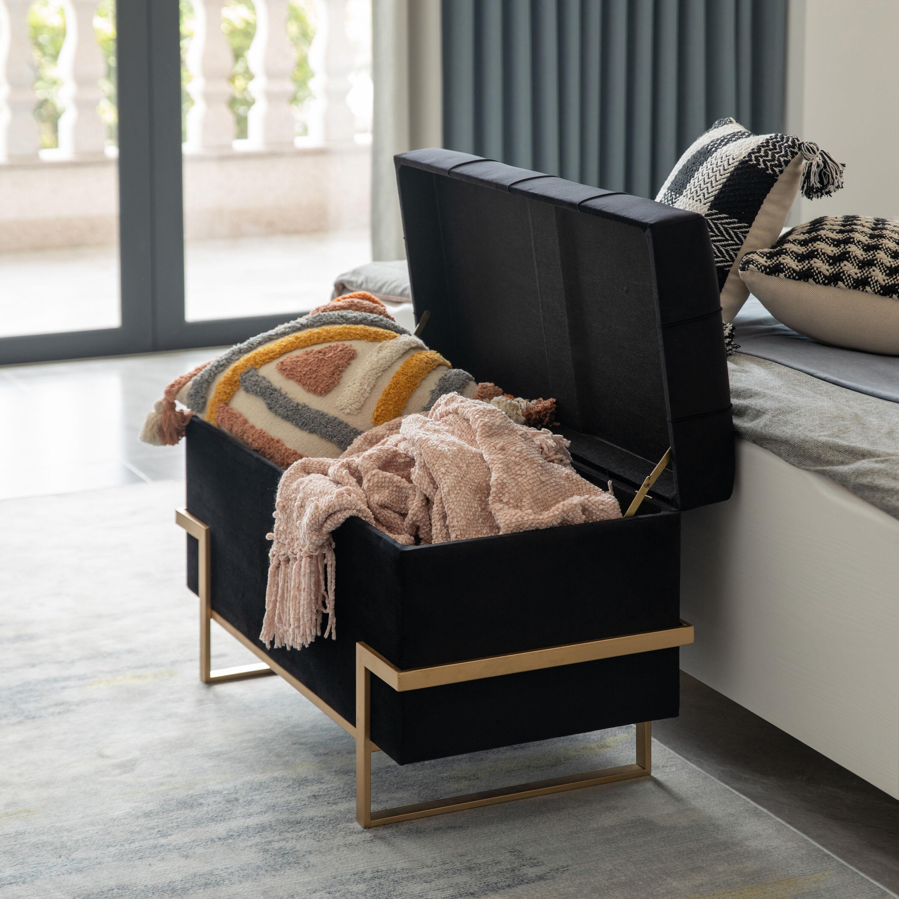 Fabulaxe Rectangle Velvet Storage Ottoman with Abstract Golden Legs | Sitting Bench for Living Room Home Decor with Unique Base Support (Black Large)