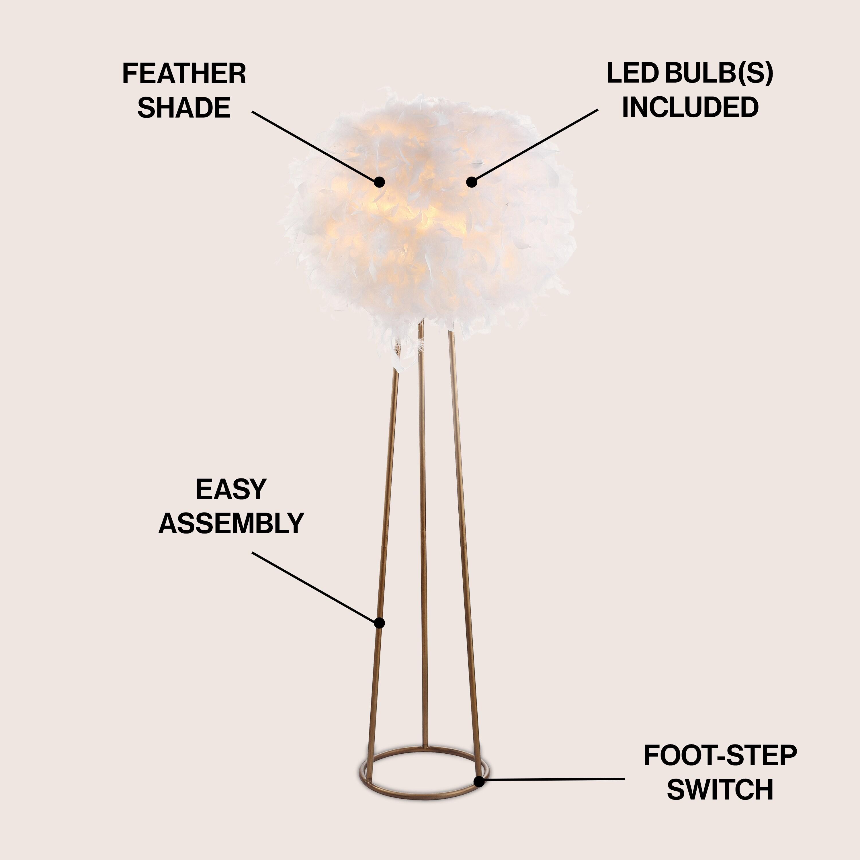 JONATHAN Y JYL9052A Stork 52" Feather Metal LED Floor Lamp, Bohemian, Glam, Modern, Transitional for living room, dinning room, bedroom, office Bulb Included, White/Gold
