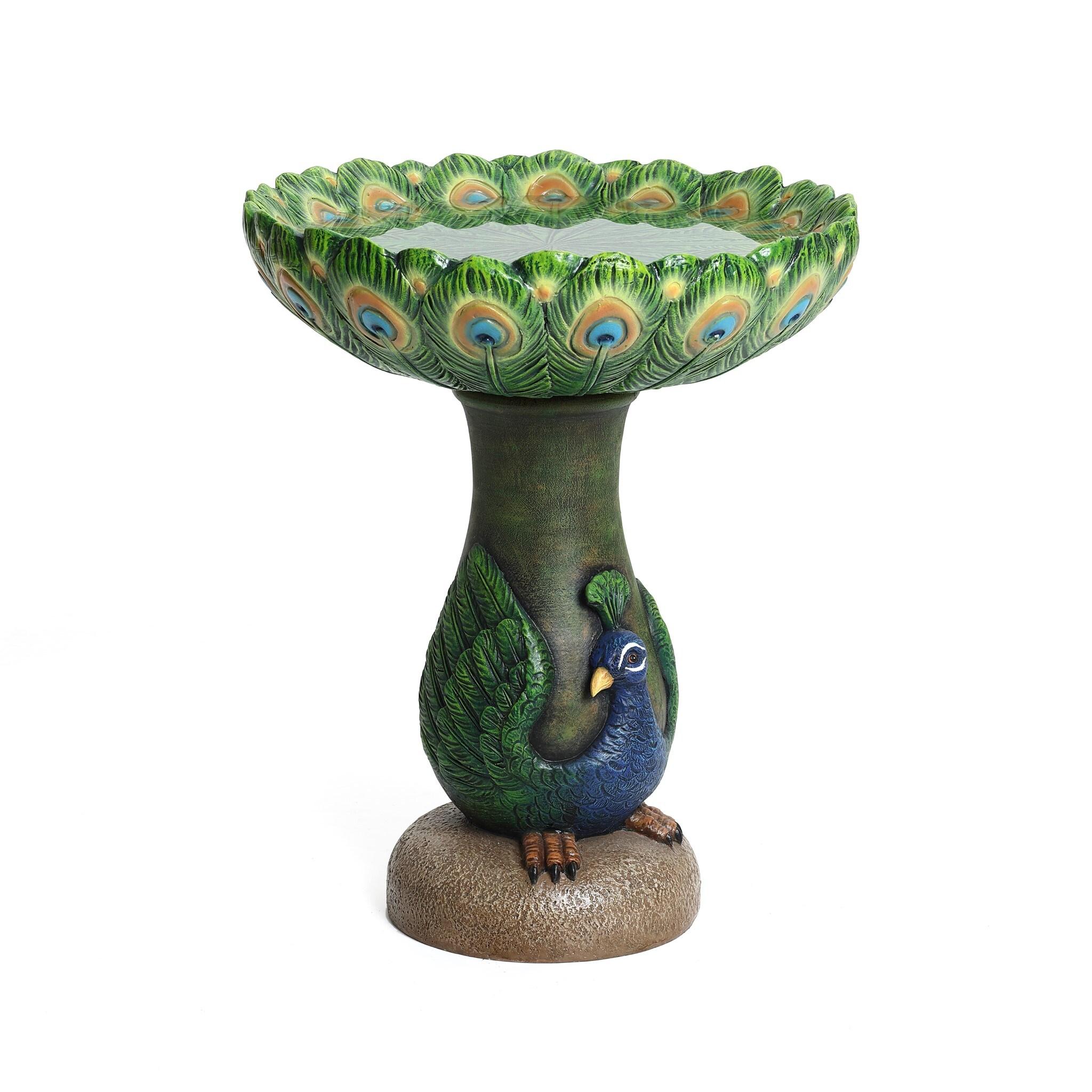 LuxenHome 20" Elegant Tall Peacock Outdoor Resin Bird Bath with Elegant Feather Basin for Garden, Patio Multicolored
