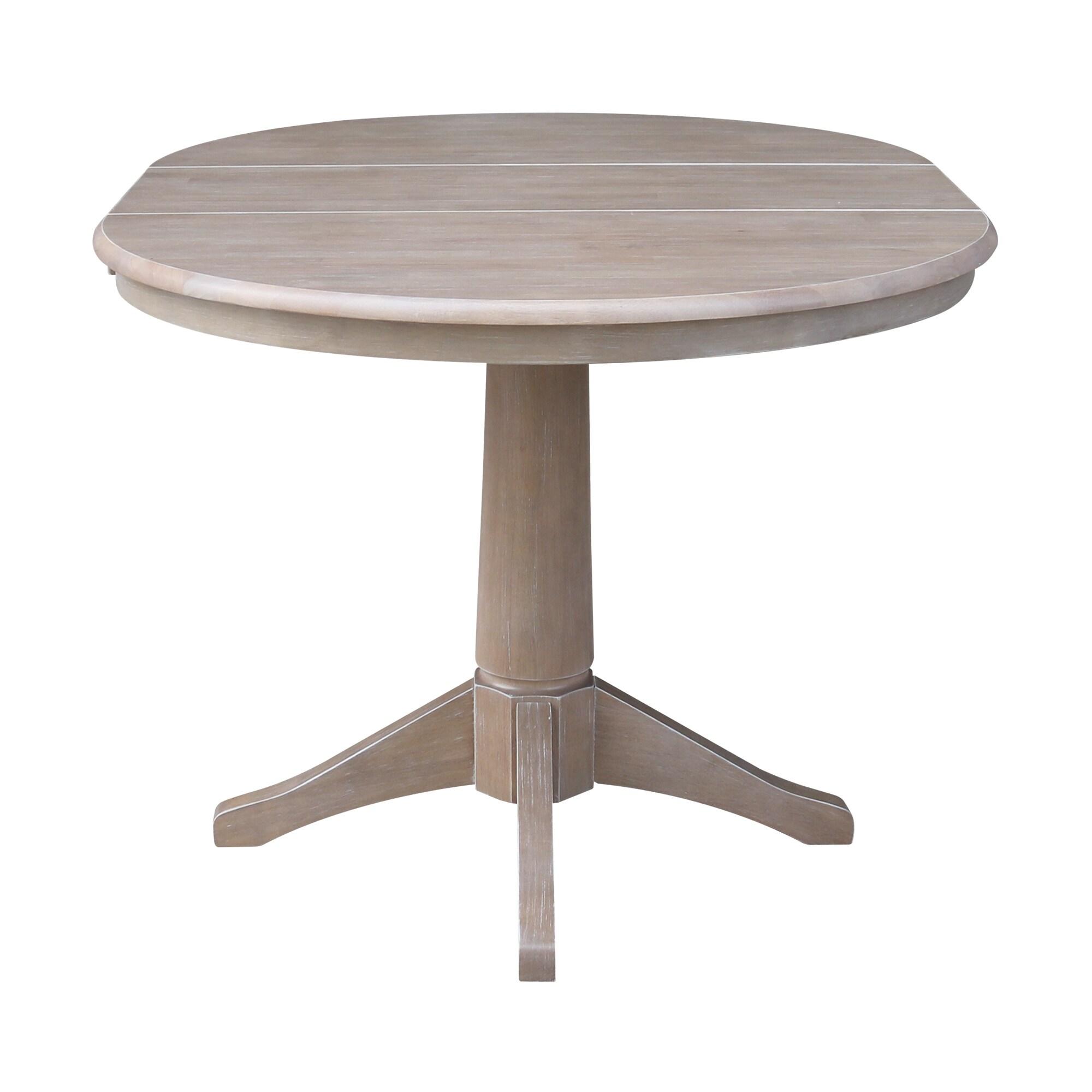 36" Magnolia Round Top Dining Table with 12" Leaf Washed Gray Taupe - International Concepts: Hardwood Pedestal Base, Seats 4