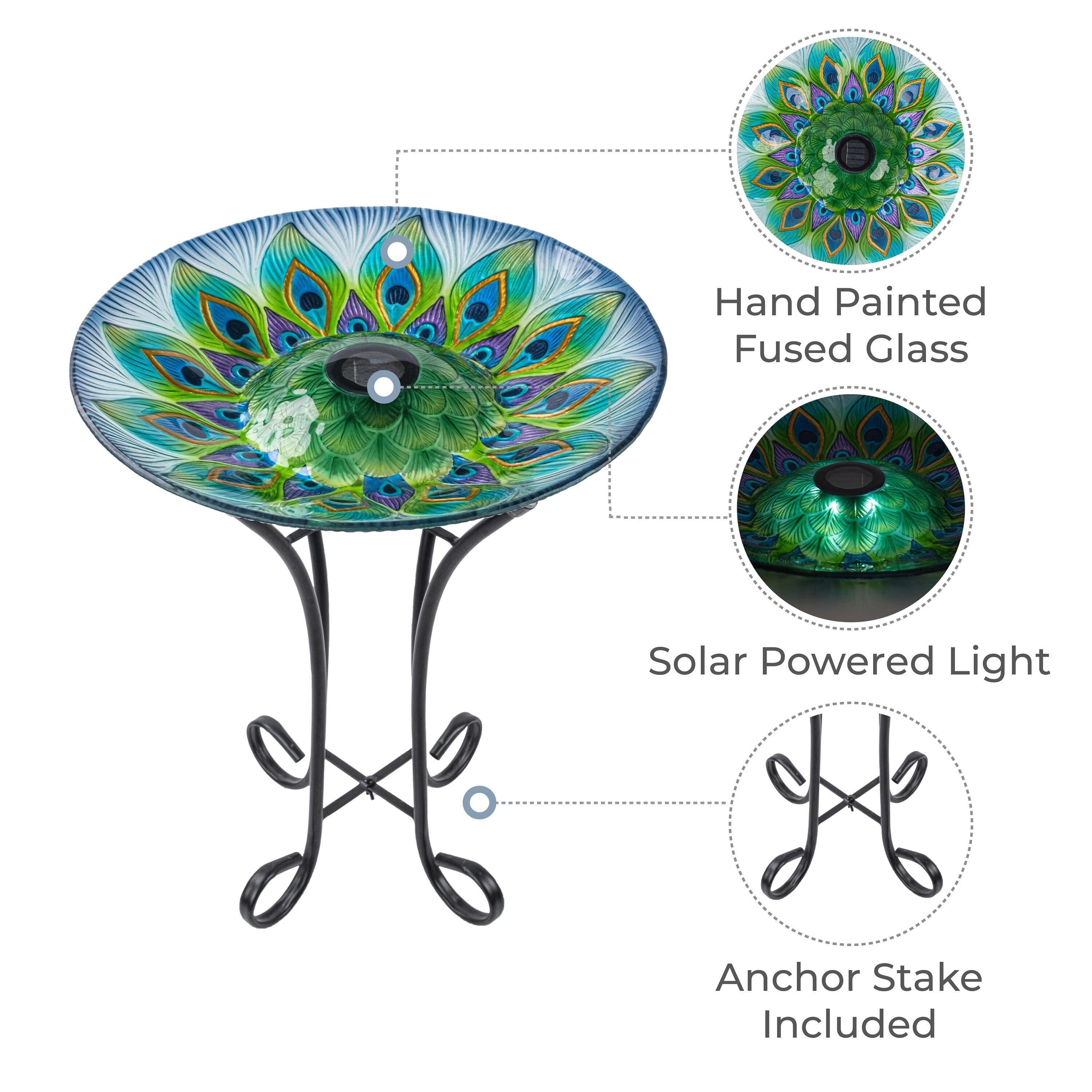 Teamson Home 17.8" Round Detailed Fusion Glass Birdbath with Solar-Powered Light