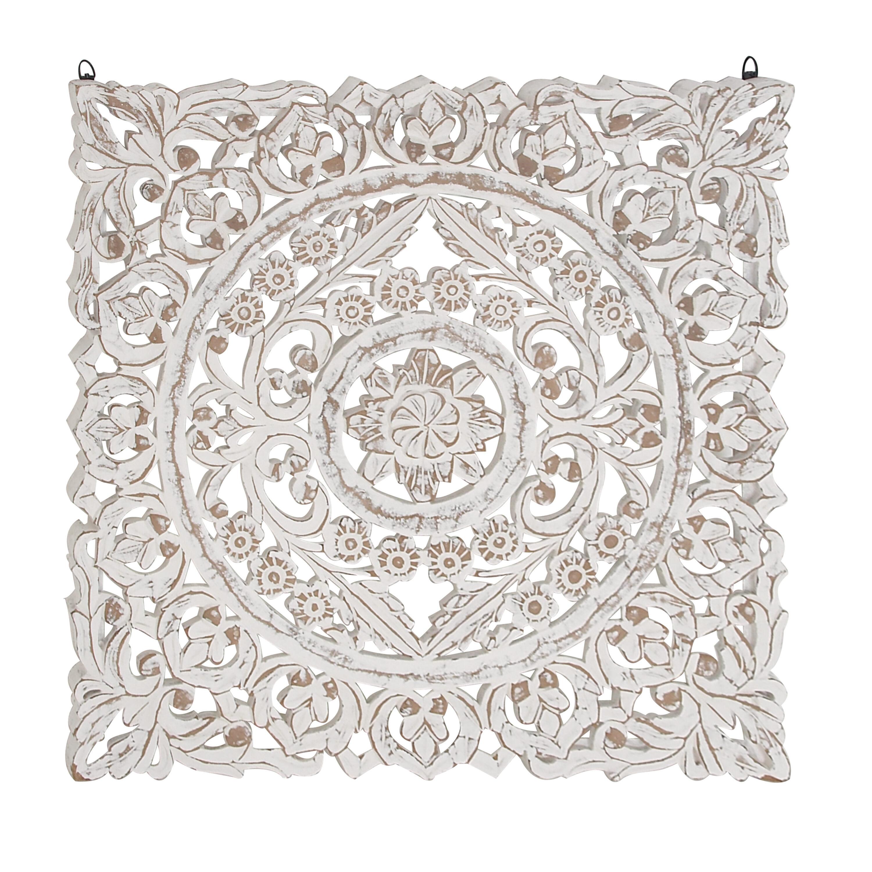 DecMode Traditional Wood Square White Handmade Wall Décor with Carved Mandala Design, 36"W x 36"H