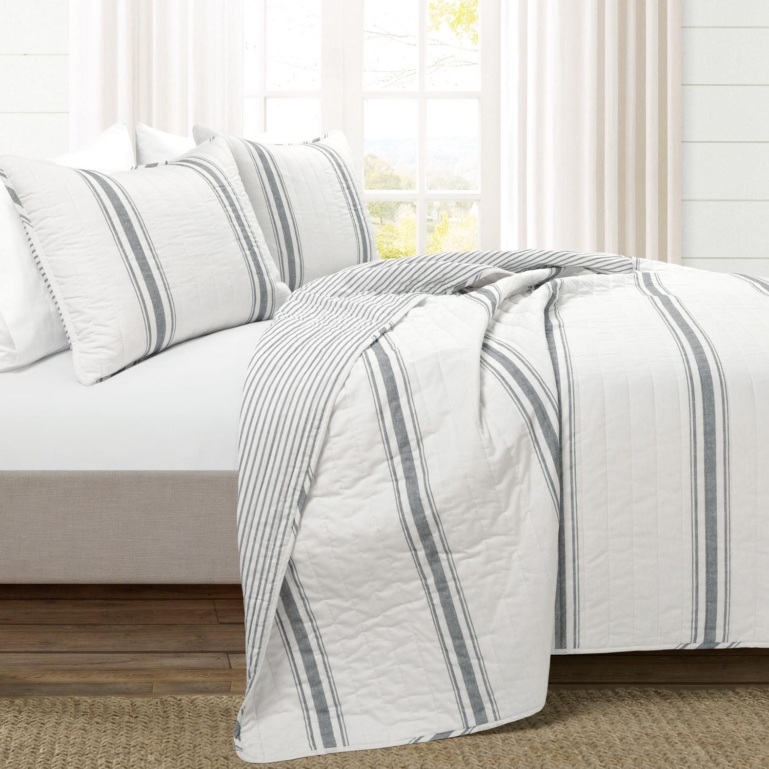 3pc Full/Queen Farmhouse Striped Reversible Quilt Bedding Set Dark Gray - Lush Décor: Cotton & Microfiber, Machine Washable