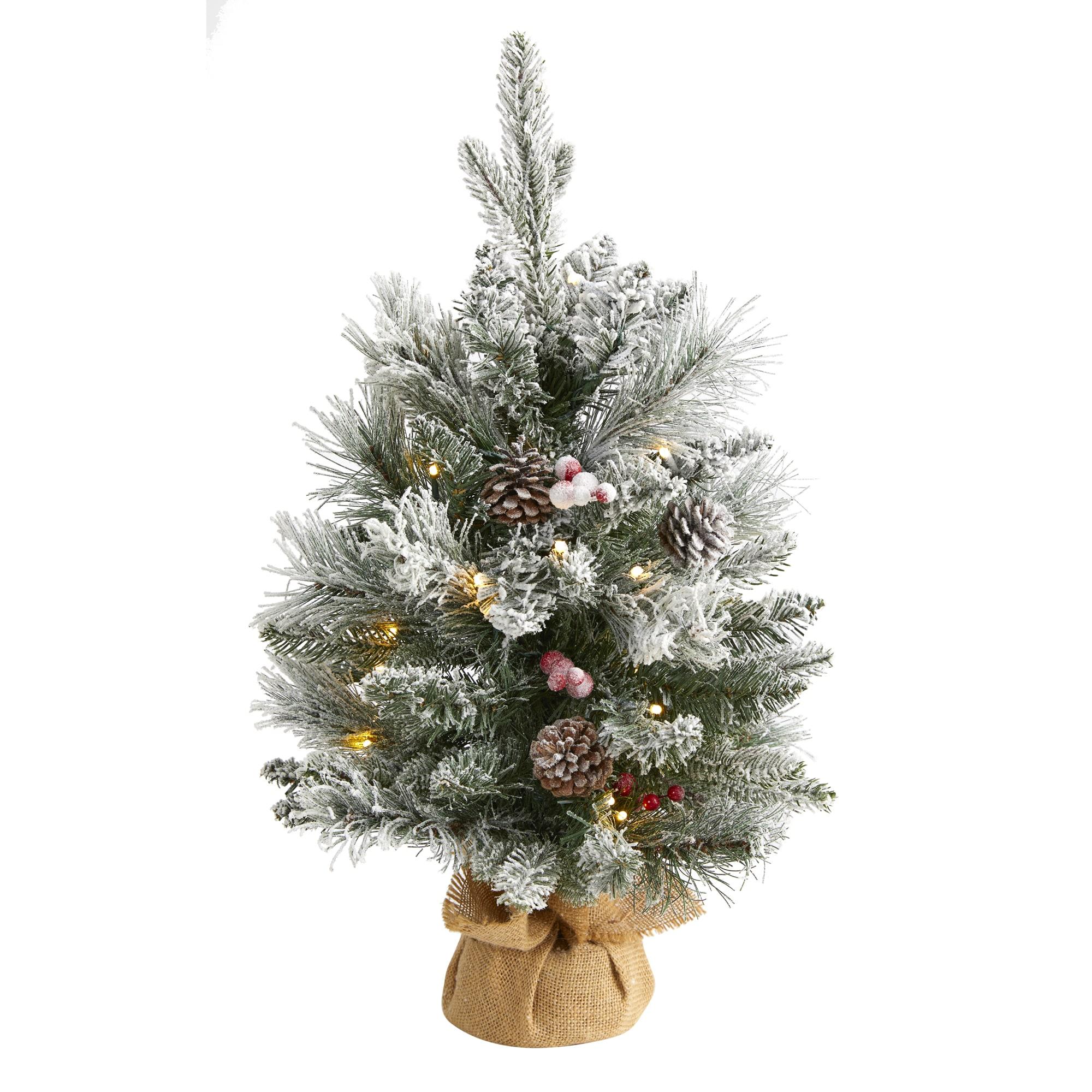 2ft Nearly Natural Pre-Lit Flocked Artificial Christmas Tree: Indoor Decor, Burlap Base