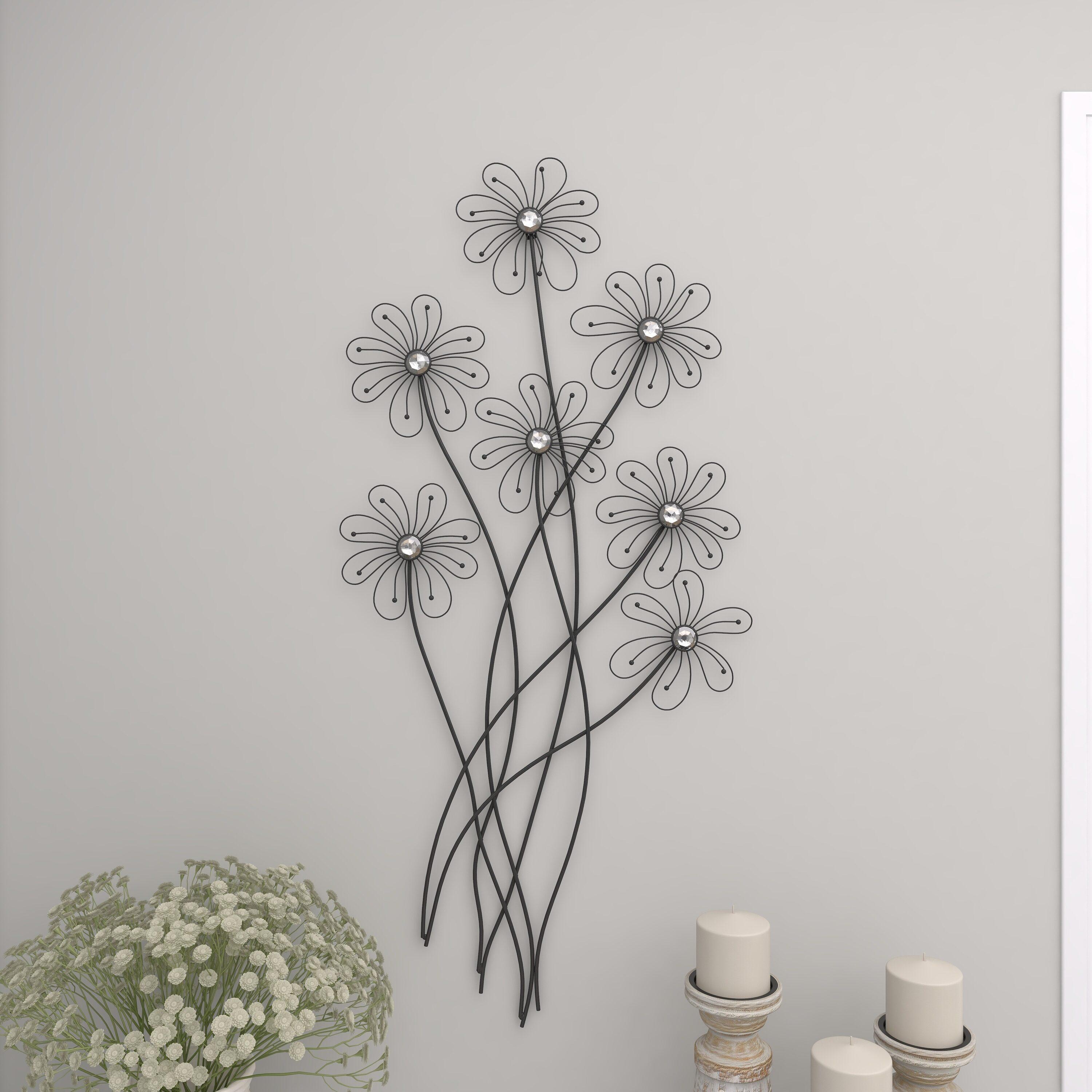 DecMode Black Metal 3D Wire Floral Wall Decor with Crystal Embellishments
