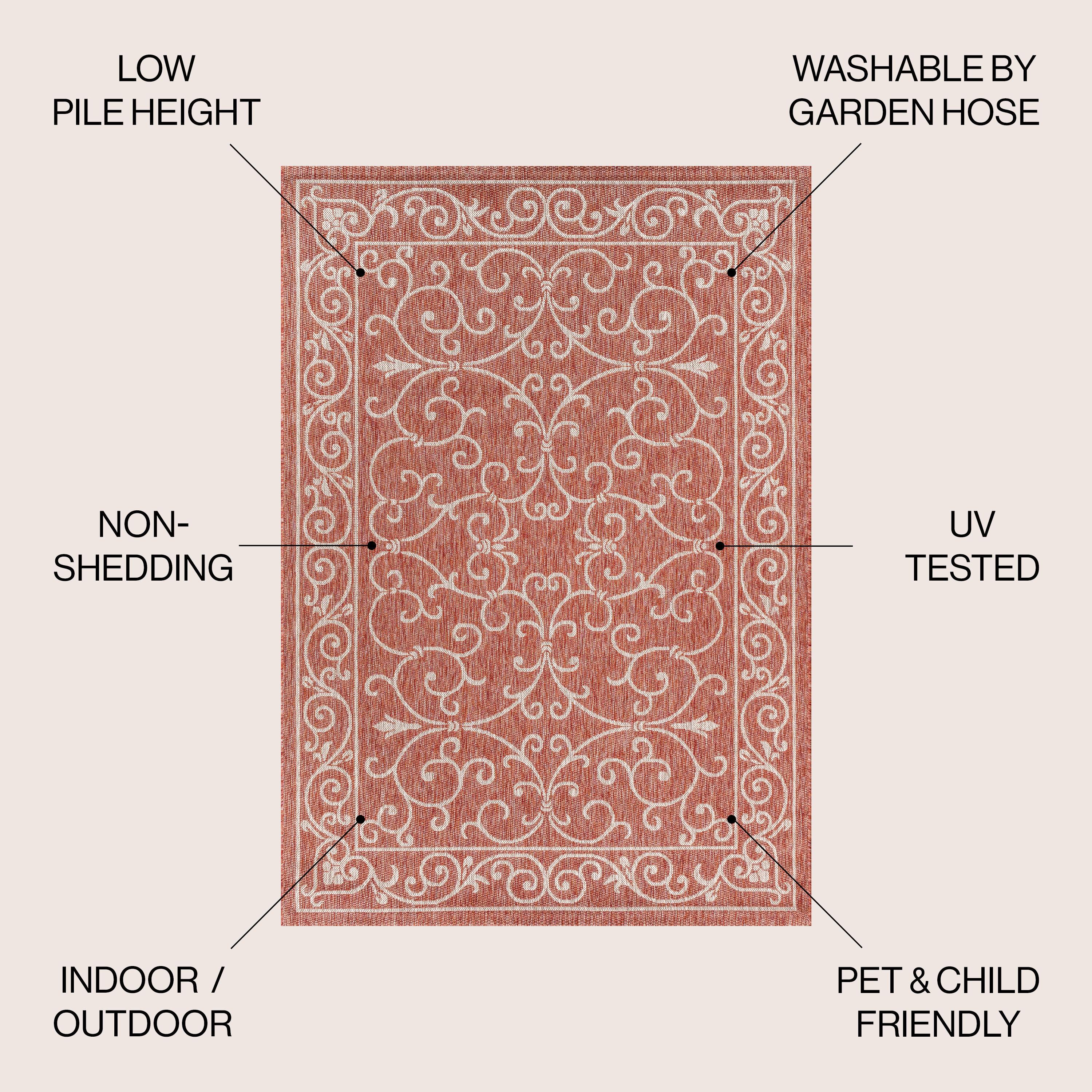 5' Round Charleston Vintage Filigree Textured Weave Indoor/Outdoor Area Rug, Red/Beige - JONATHAN Y