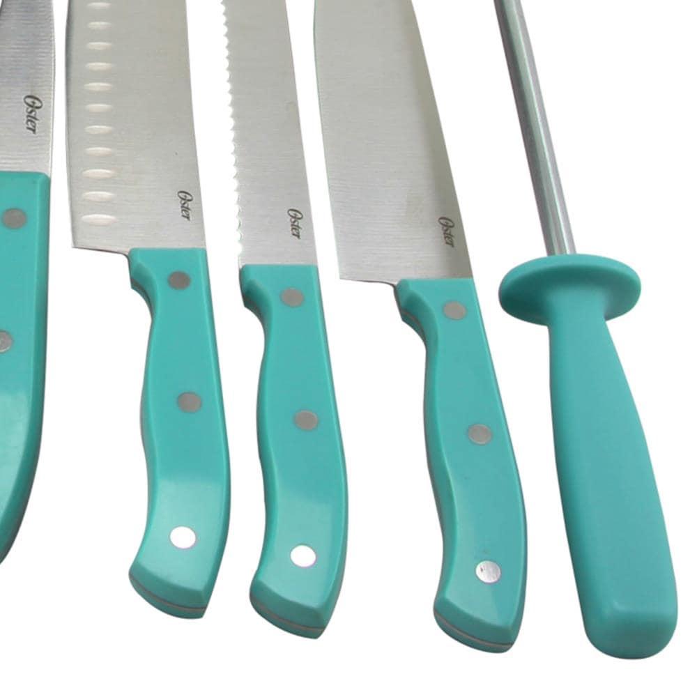 Oster Evansville 14 Piece Stainless Steel Blade Cutlery Set with Turquoise Plastic Handles