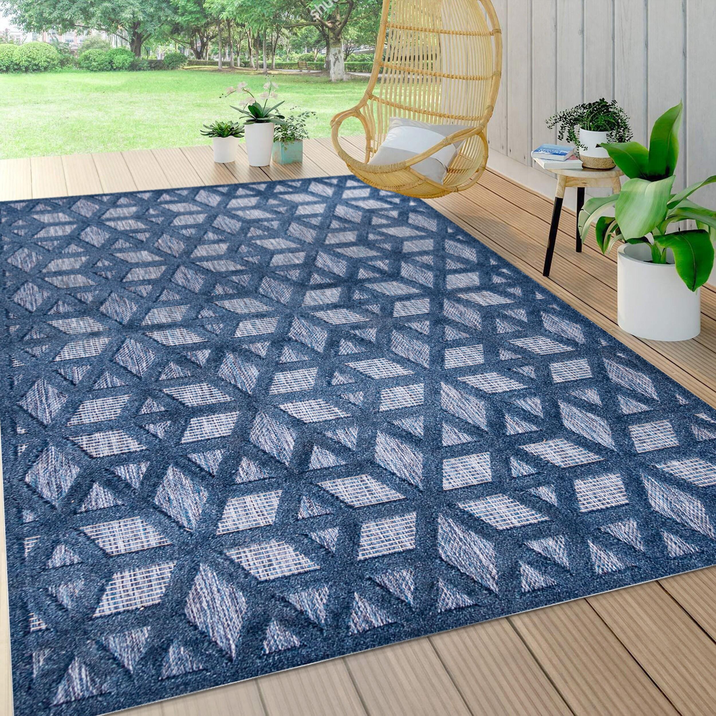 8'x10' Talaia Neutral Geometric Indoor/Outdoor Area Rug, Navy - JONATHAN Y