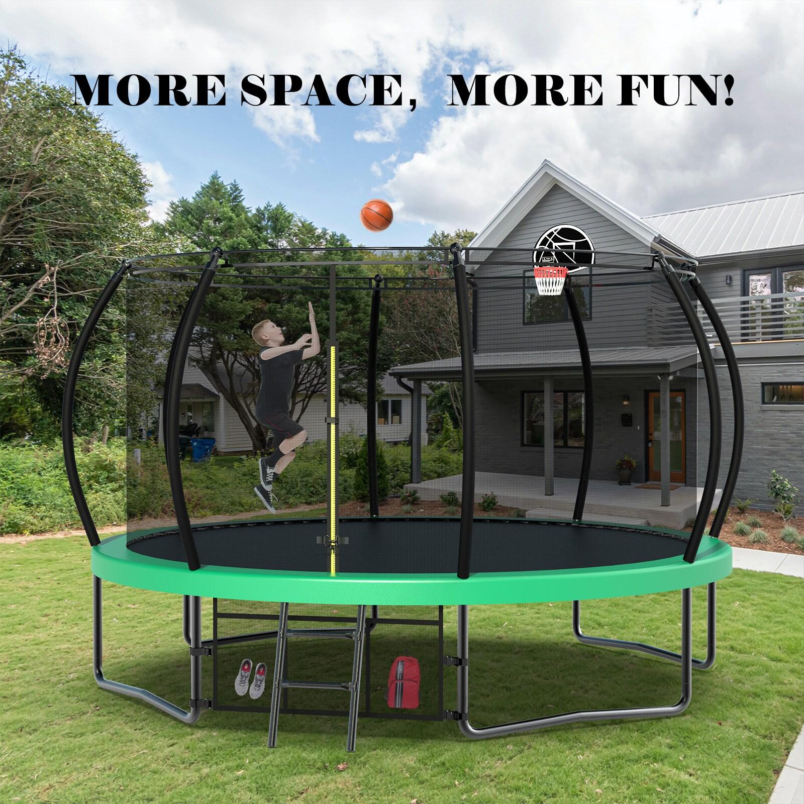 12FT Round Trampoline with Basketball Hoop for Kids, Outdoor Recreational Trampolines with Safety Enclosure Net & Ladder, 880 LBS Weight Capacity, Green