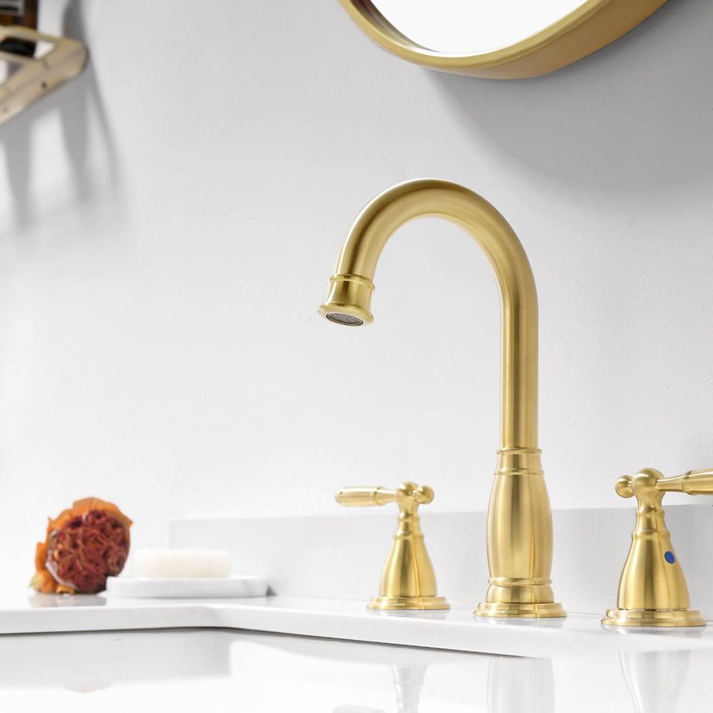 Phiestina Brushed Gold Widespread 2-handle High-arc Commercial/Residential Handle Bathroom Sink Faucet with Drain