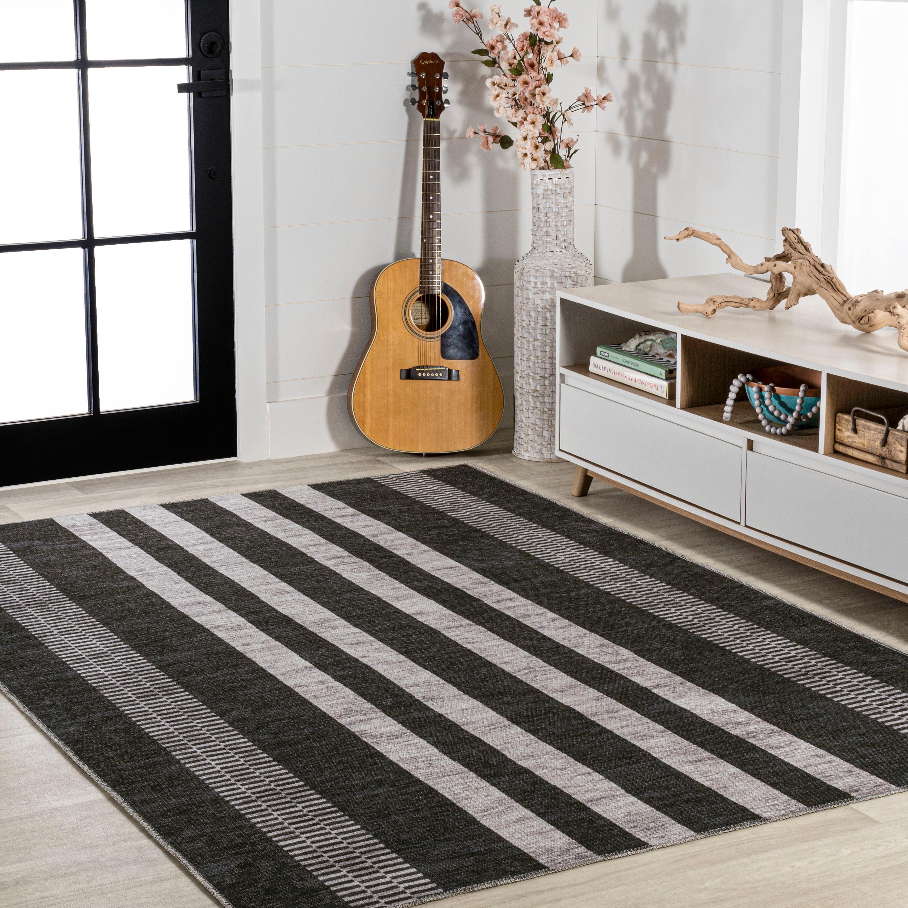 5' x 8' Vichy Geometric Striped Machine-Washable Area Rug, Black/Ivory - JONATHAN Y