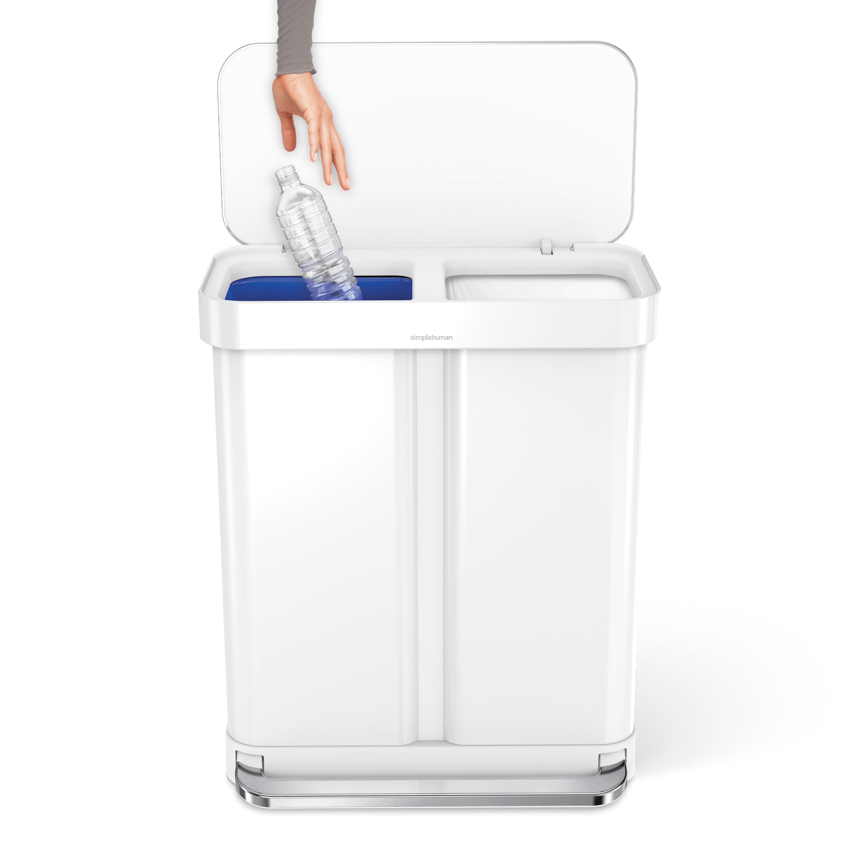 Simplehuman 58 Liter Recycling Kitchen Trash Can with Liner Pocket, White Steel